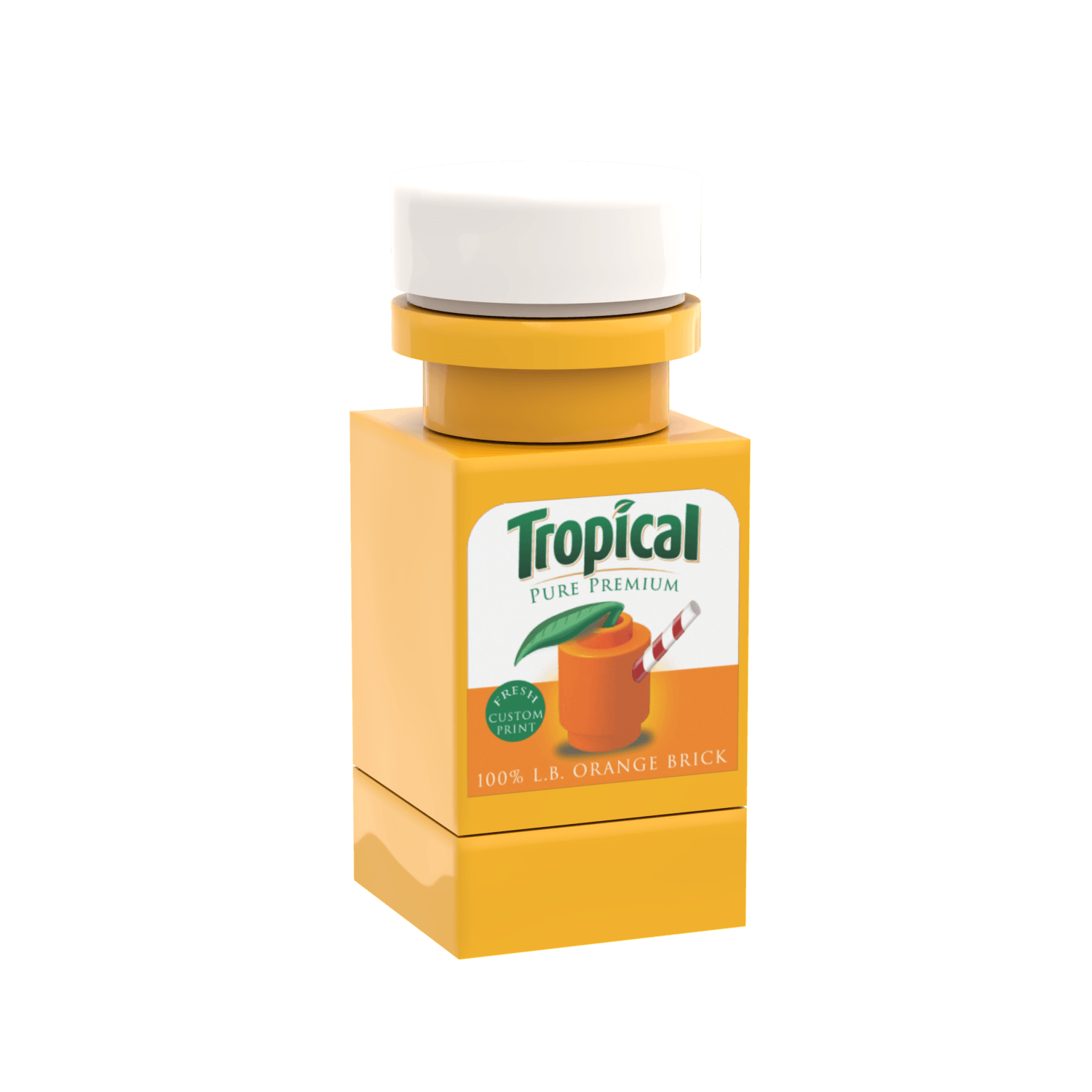 Brick built orange juice container with printed label on a white background