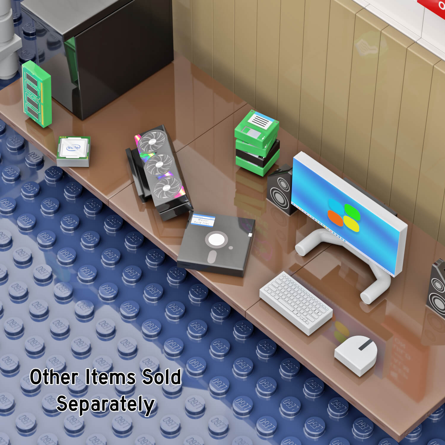 Custom LEGO parts with printing on them to look like desktop computer parts like ram, floppy disks, cpu's on a brown desk and desktop computer.