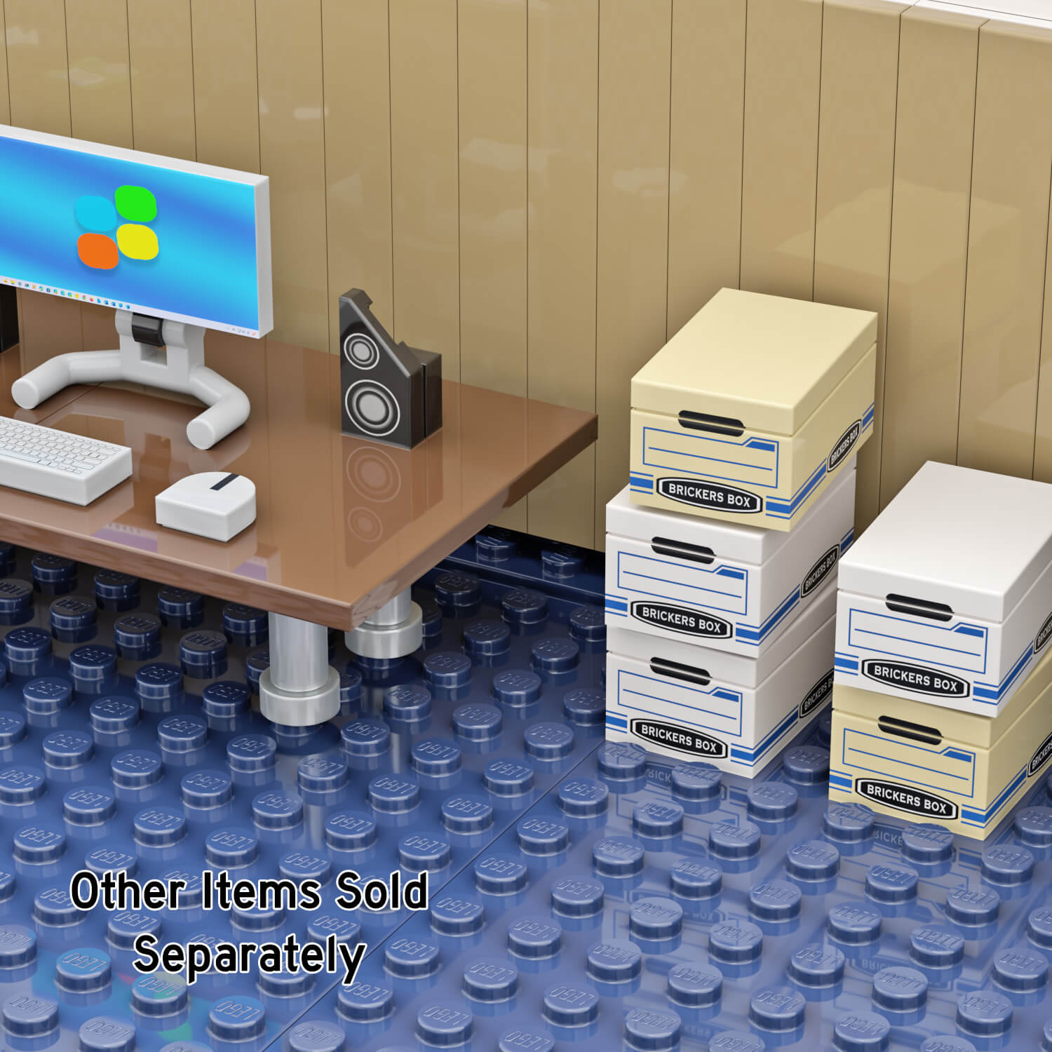 Stack of office file boxes on a blue floor with a computer desk and monitor in the background all made out of lego parts