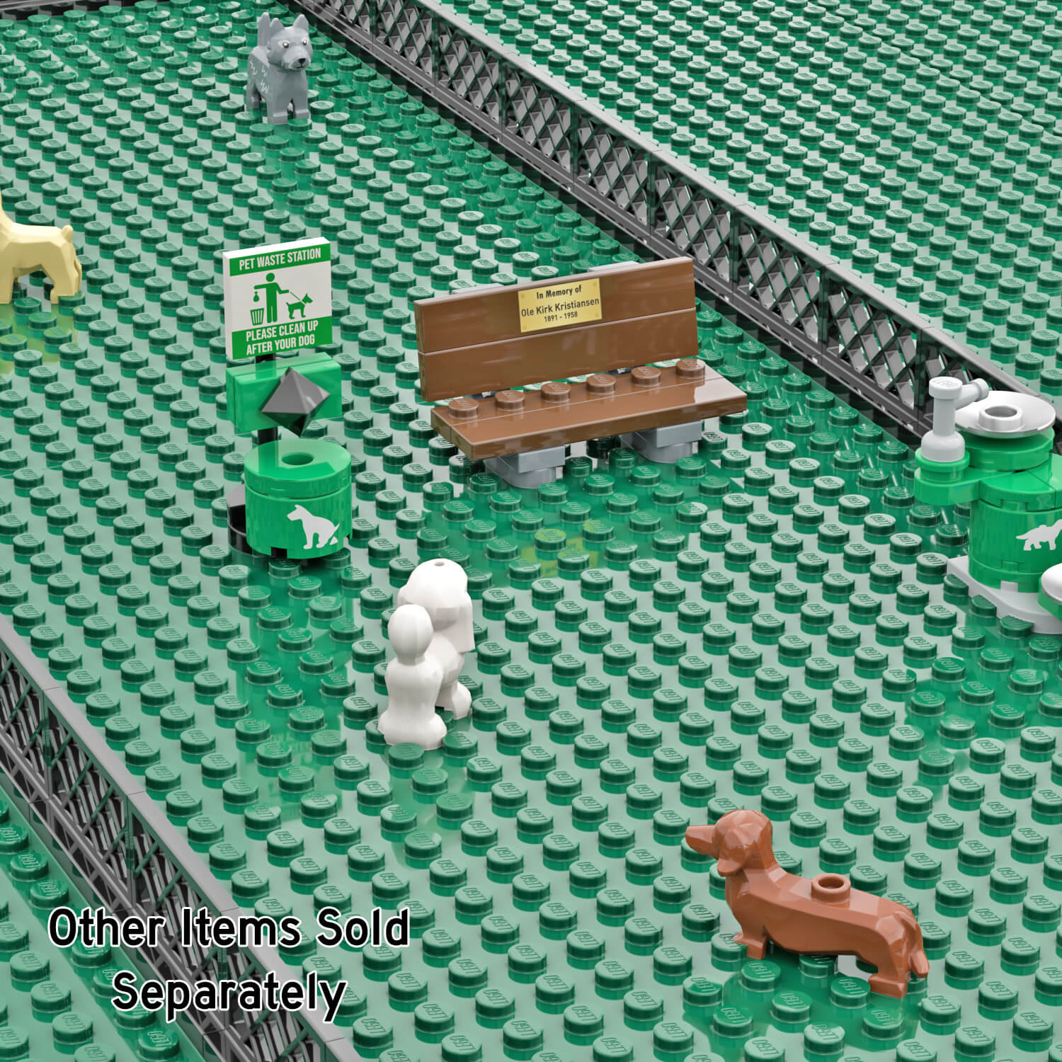 LEGO pet waste station building set with a bench, and small LEGO dogs on a green LEGO base plate.