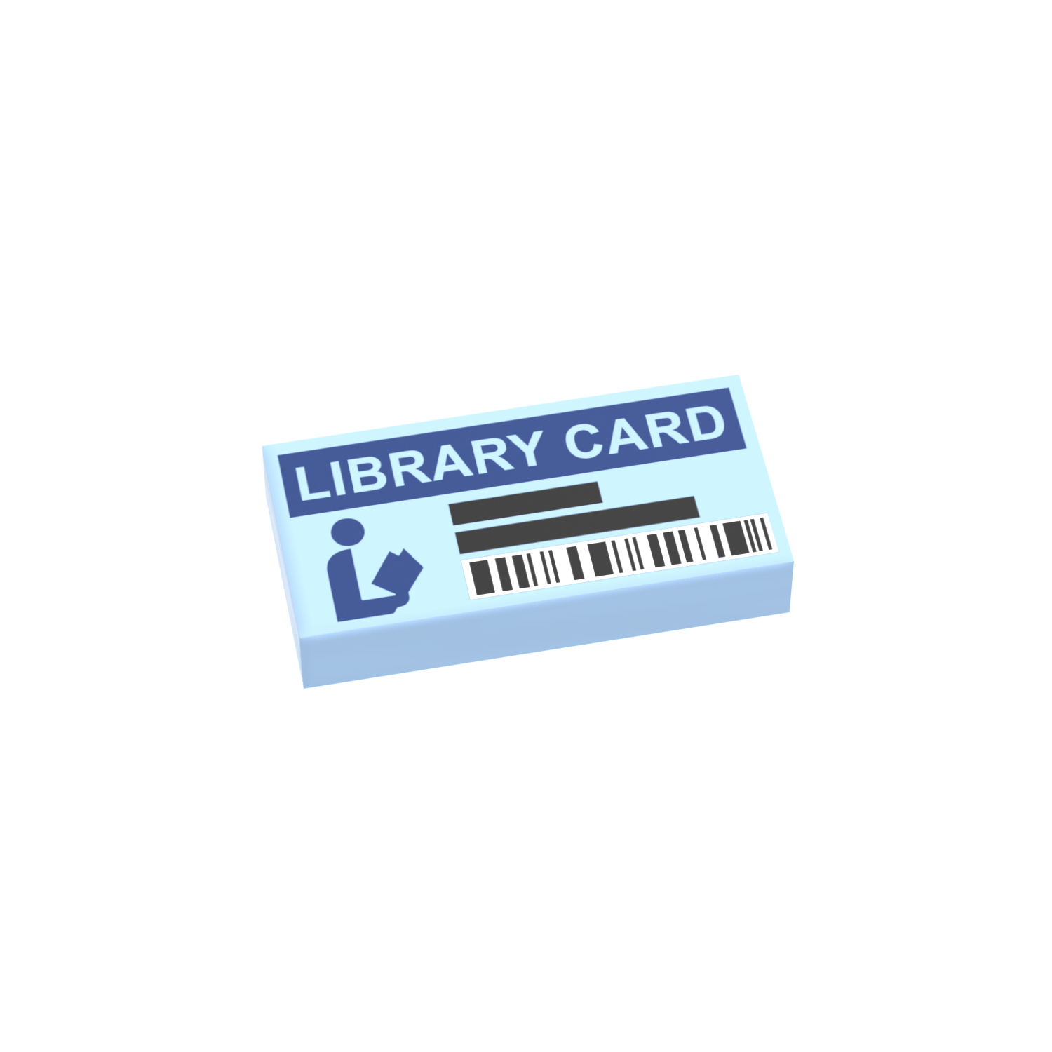 Custom designed and printed on a LEGO tile a  ibrary card with a blue border and black barcode on a black background