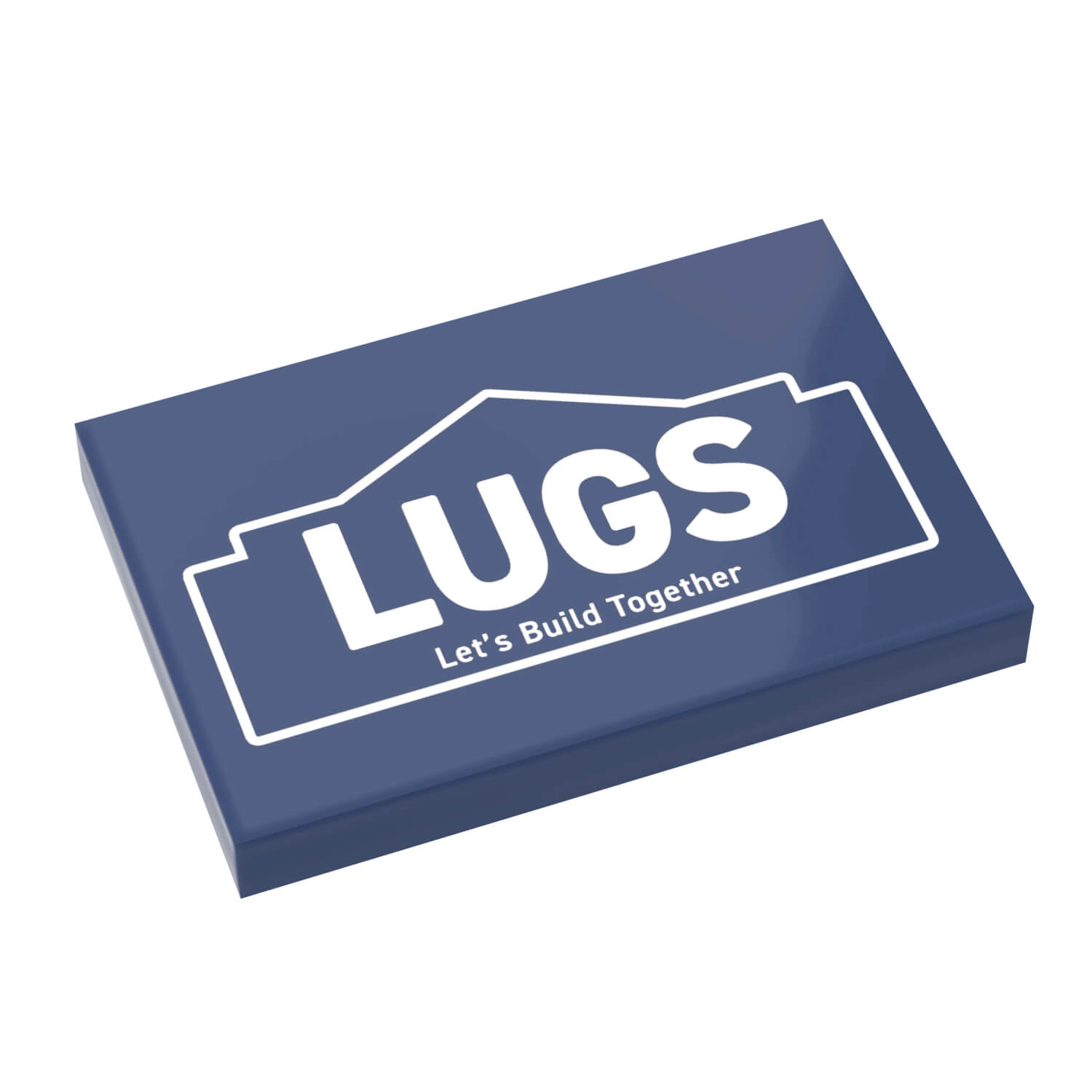 A dark blue custom printed LEGO® tile with the text 'LUGS Let's Build Together' on it.