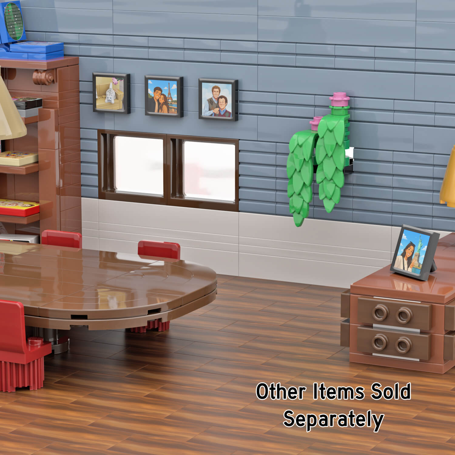 3 photo frames on a blue wall in a LEGO house setting with a dinning room table and 1 photos frame on a cabinet with a brown tile floor.