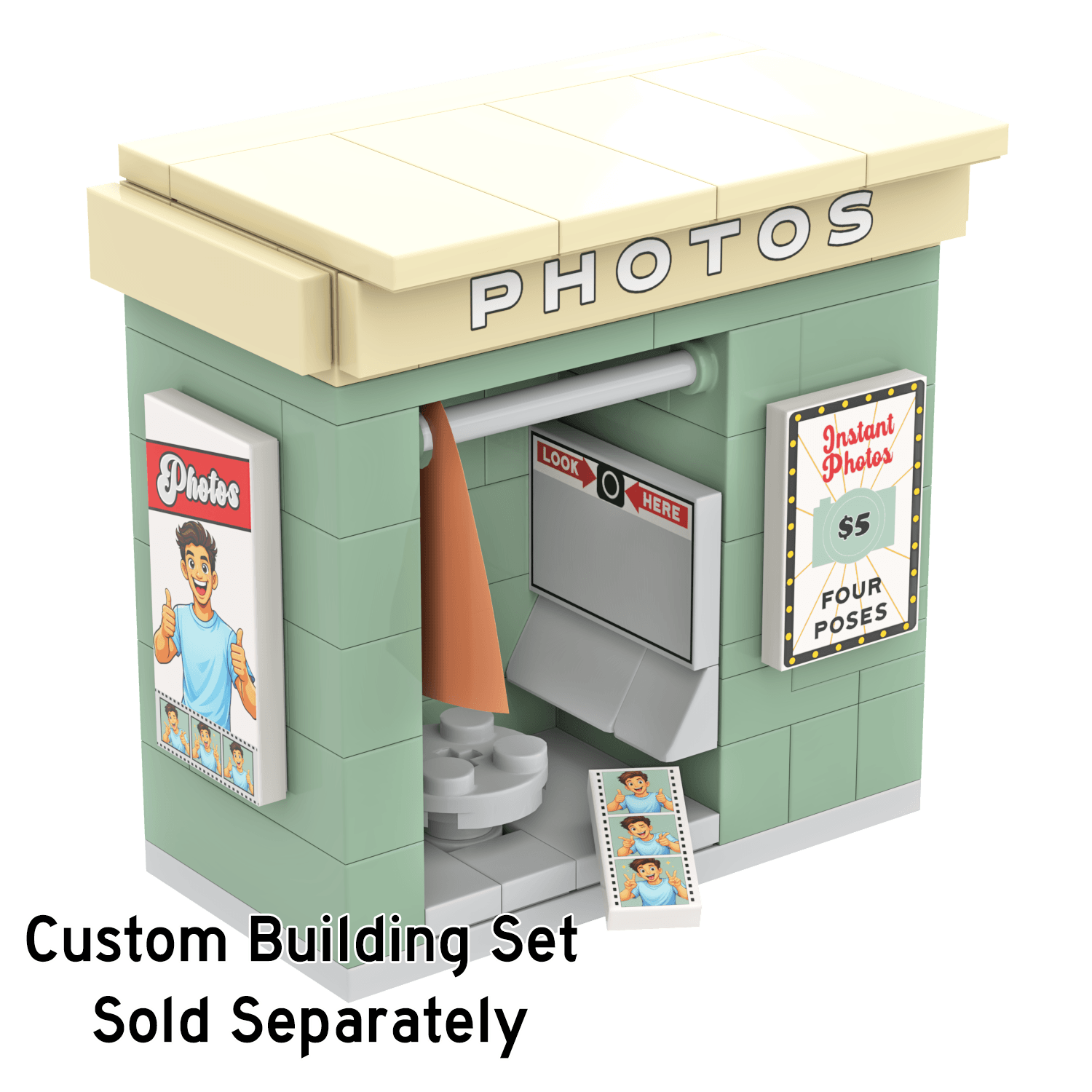LEGO Photo Strip with a custom LEGO set of a photo booth in the background.