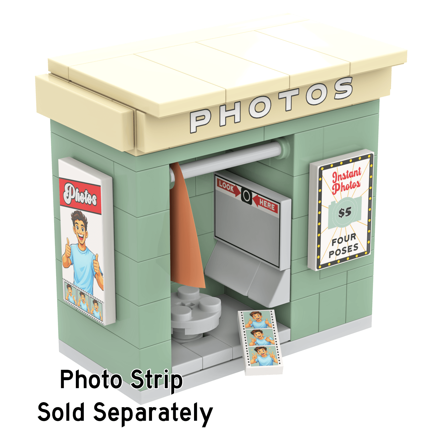 LEGO Photo Strip with a custom LEGO set of a photo booth in the background.