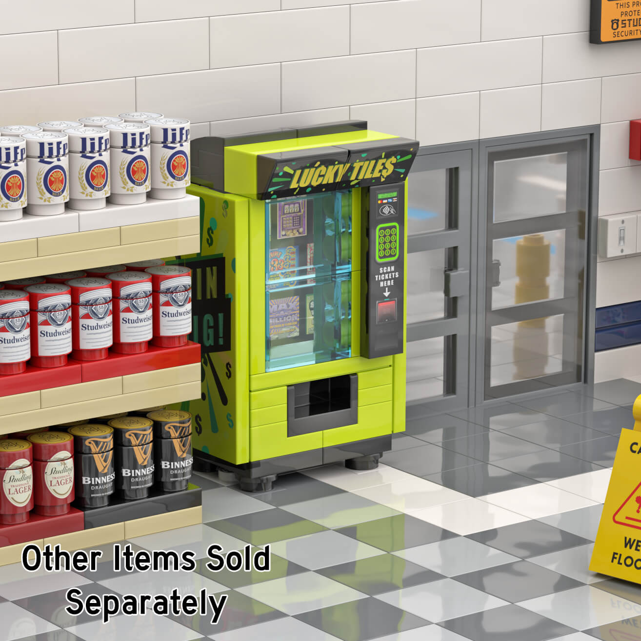 Double doors with light switch and a scratch card vending machine labeled 'Lucky Tiles' with a tiled floor and shelves full of lego beer all in a Lego brick built scene.