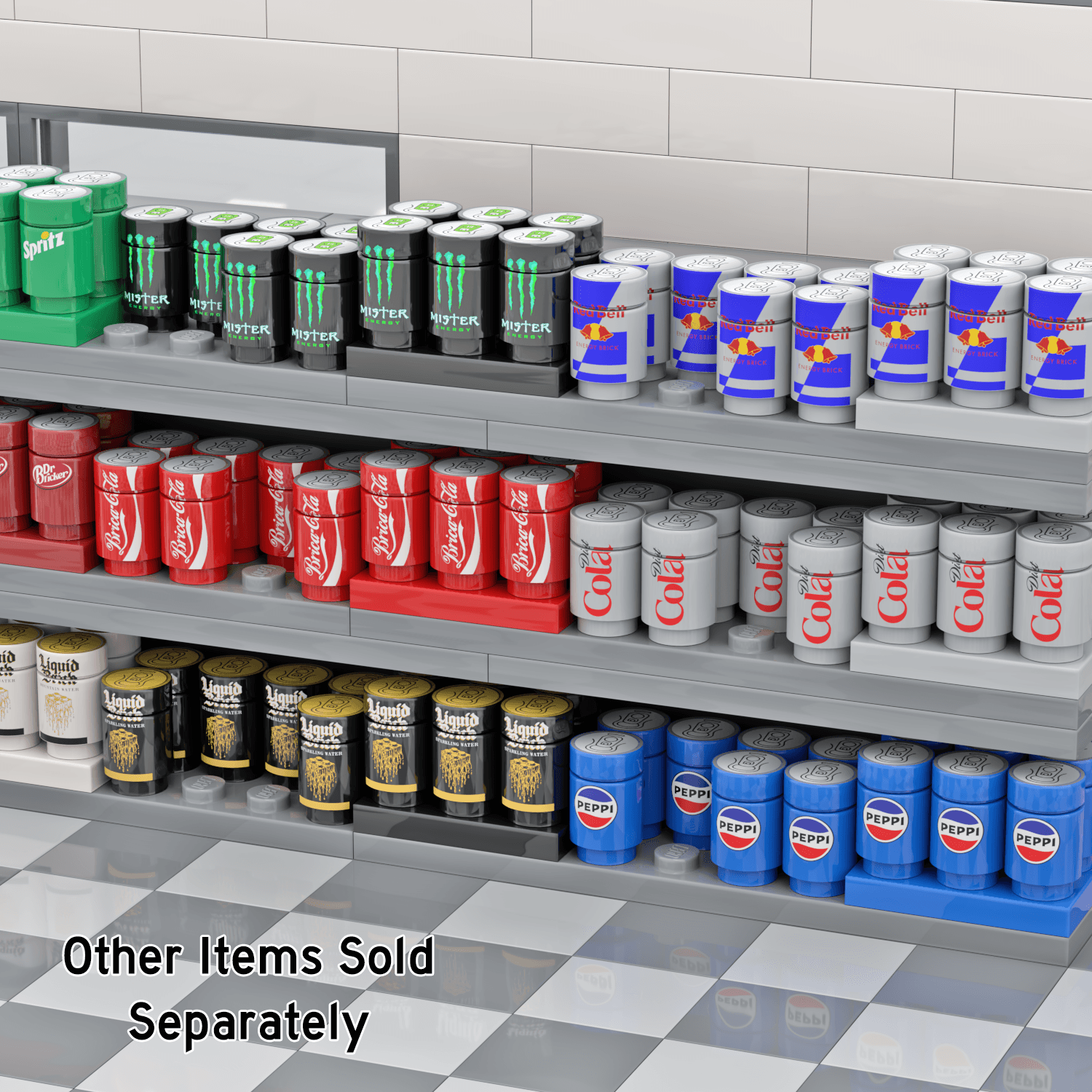 Custom LEGO sodas displayed on grey LEGO grocery store shelves with a tile floor
