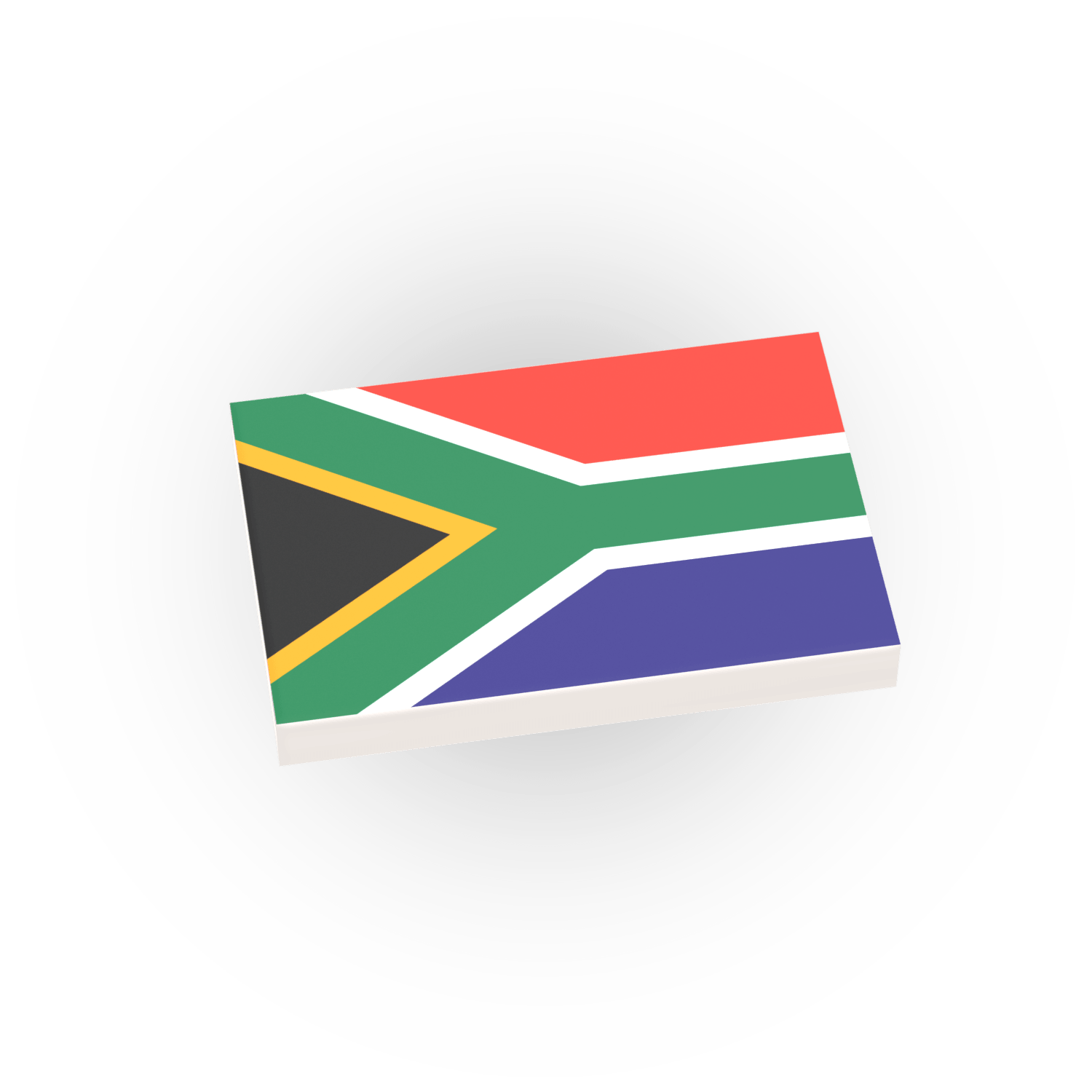 South African flag printed on a white LEGO tile on a white background