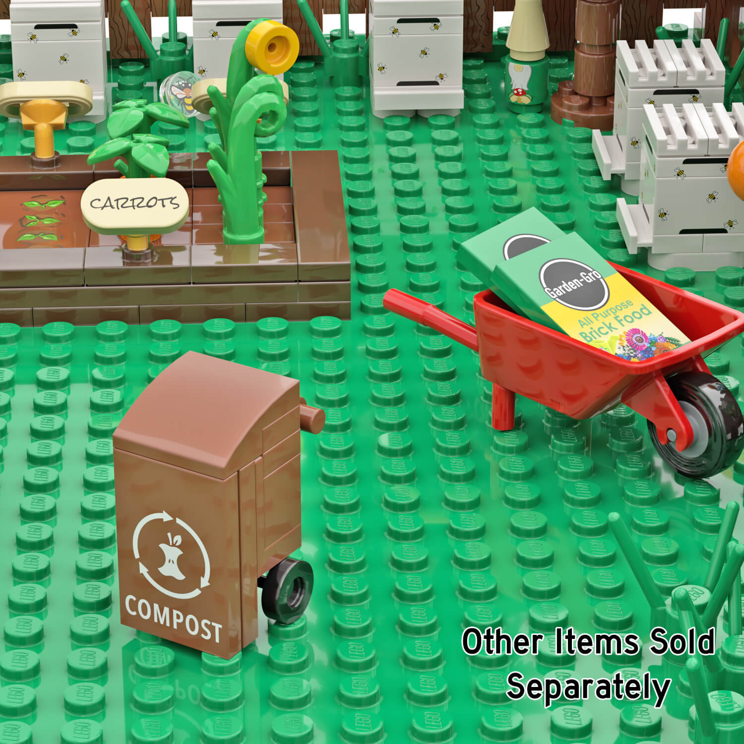 LEGO garden scene with a wheelbarrow, compost bin, and labeled plants on a green baseplate