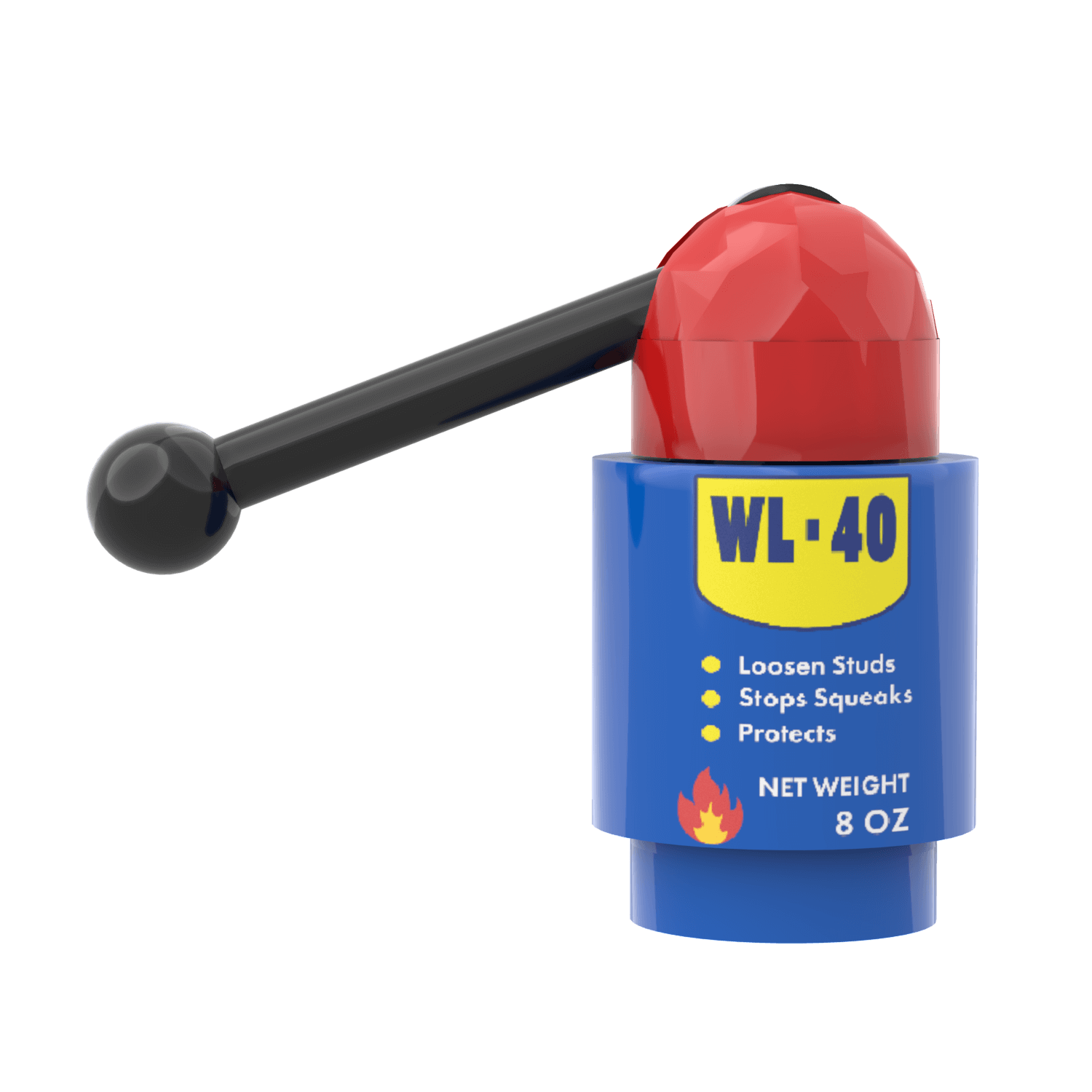 A custom printed Lego piece resembling a can with a red top and blue body, labeled 'WL-40', designed to fix squeaky studs.