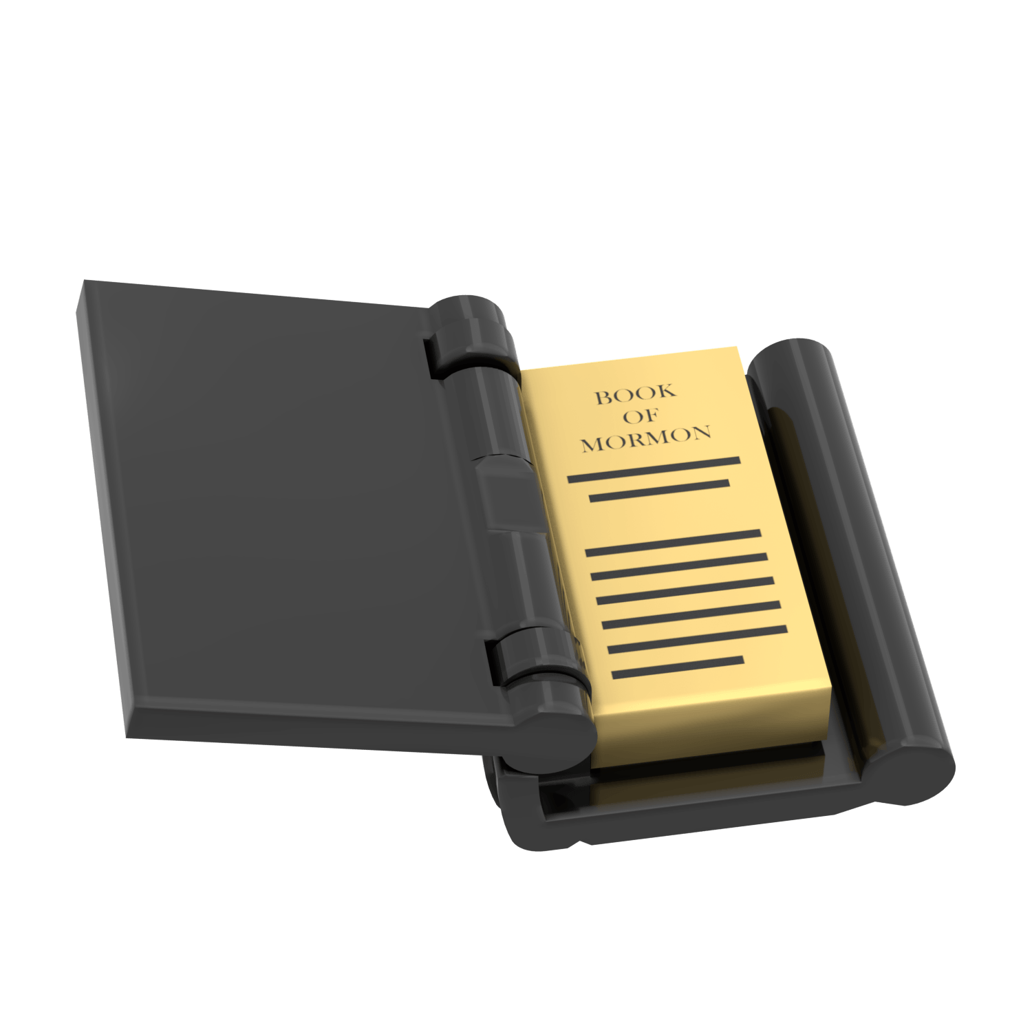 Open black book of the 'Book of Mormon' with gold pages and black text on a white background