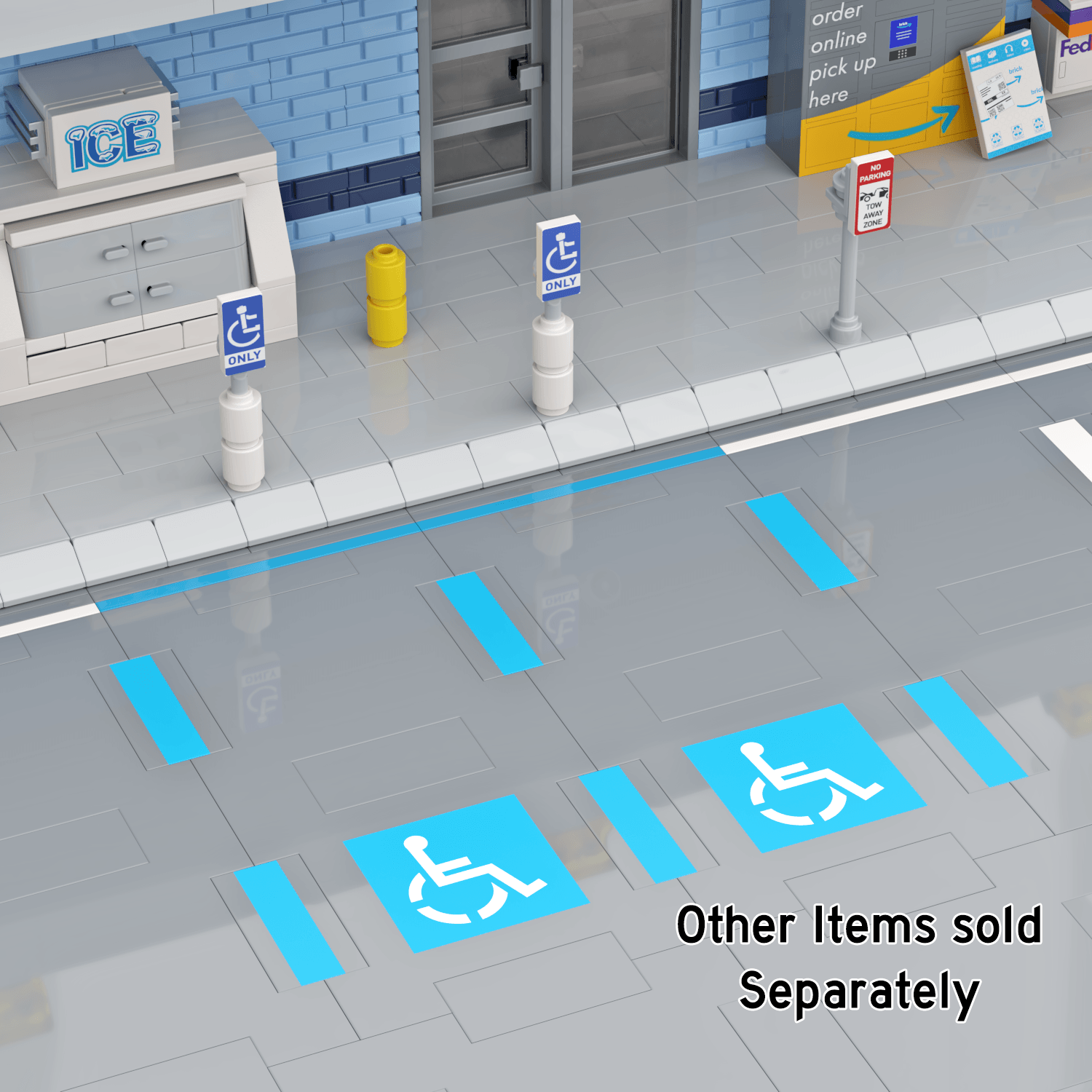 Accessible parking blue paint lines and symbol in a LEGO gas station like city setting