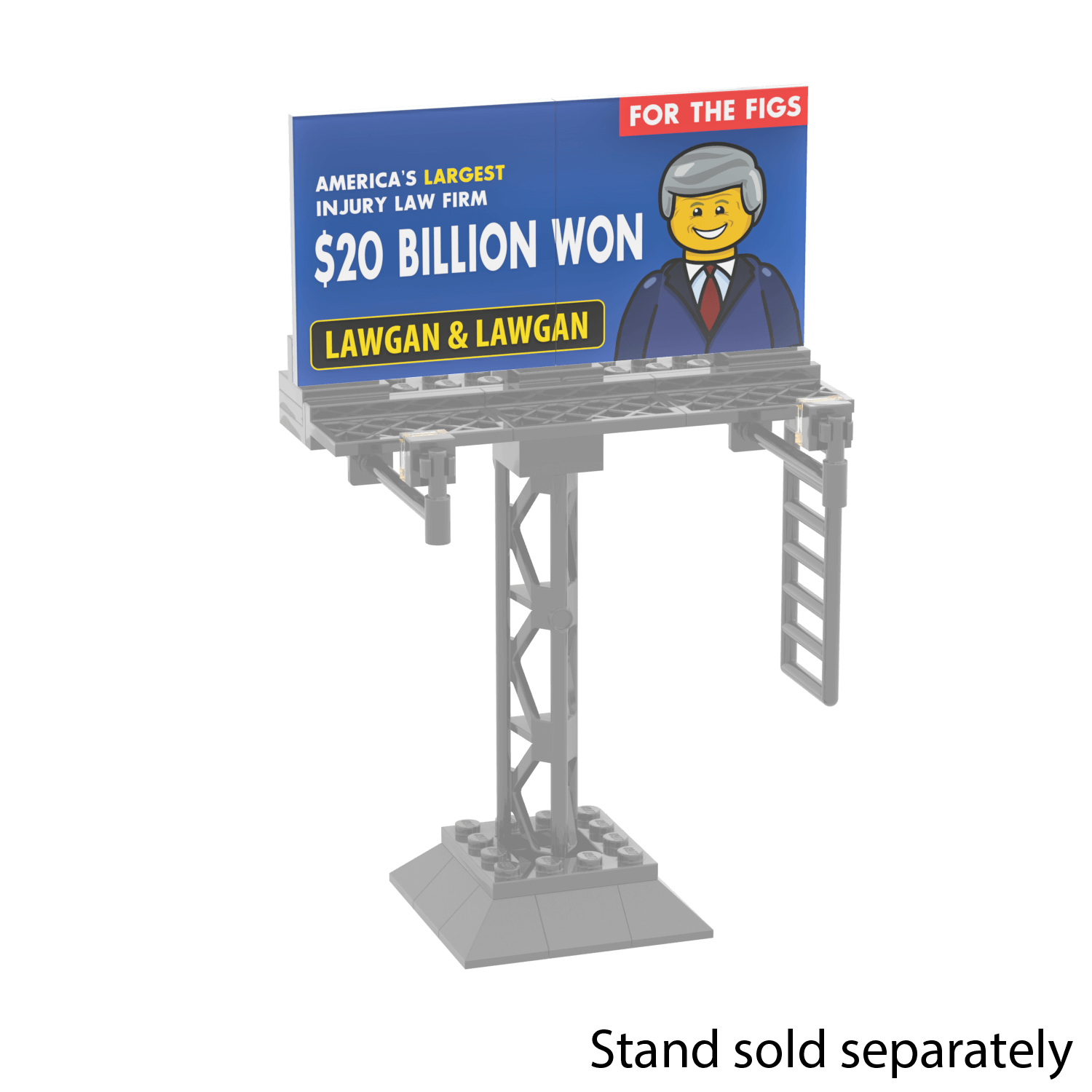 custom printed aftermarket lego personal injury attorney billboard with a character and text on a white background