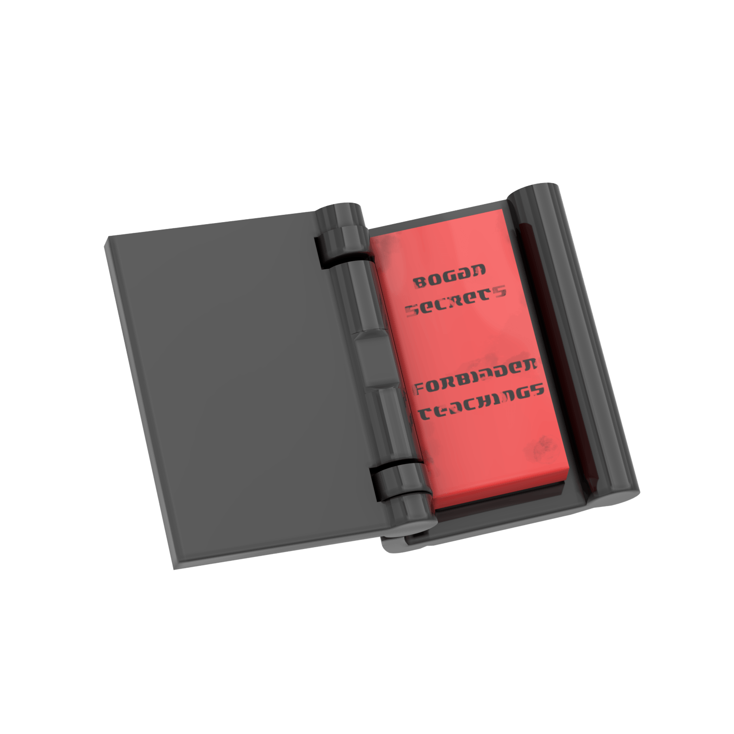 Open black and red LEGO 'Bogan Secrets 'book red pages and black text on a white background