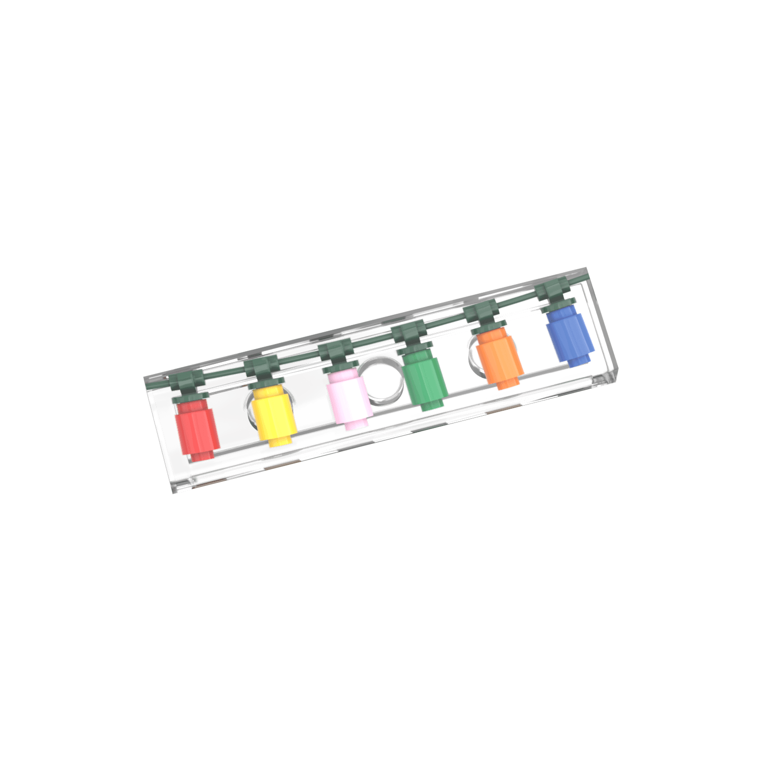 Colorful Christmas string lights printed on a clear Lego tile