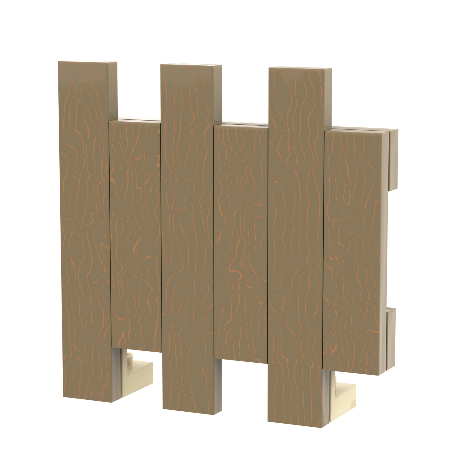 6 custom printed LEGO tiles to look like wood grain put together to make a LEGO fence panel, on a white background