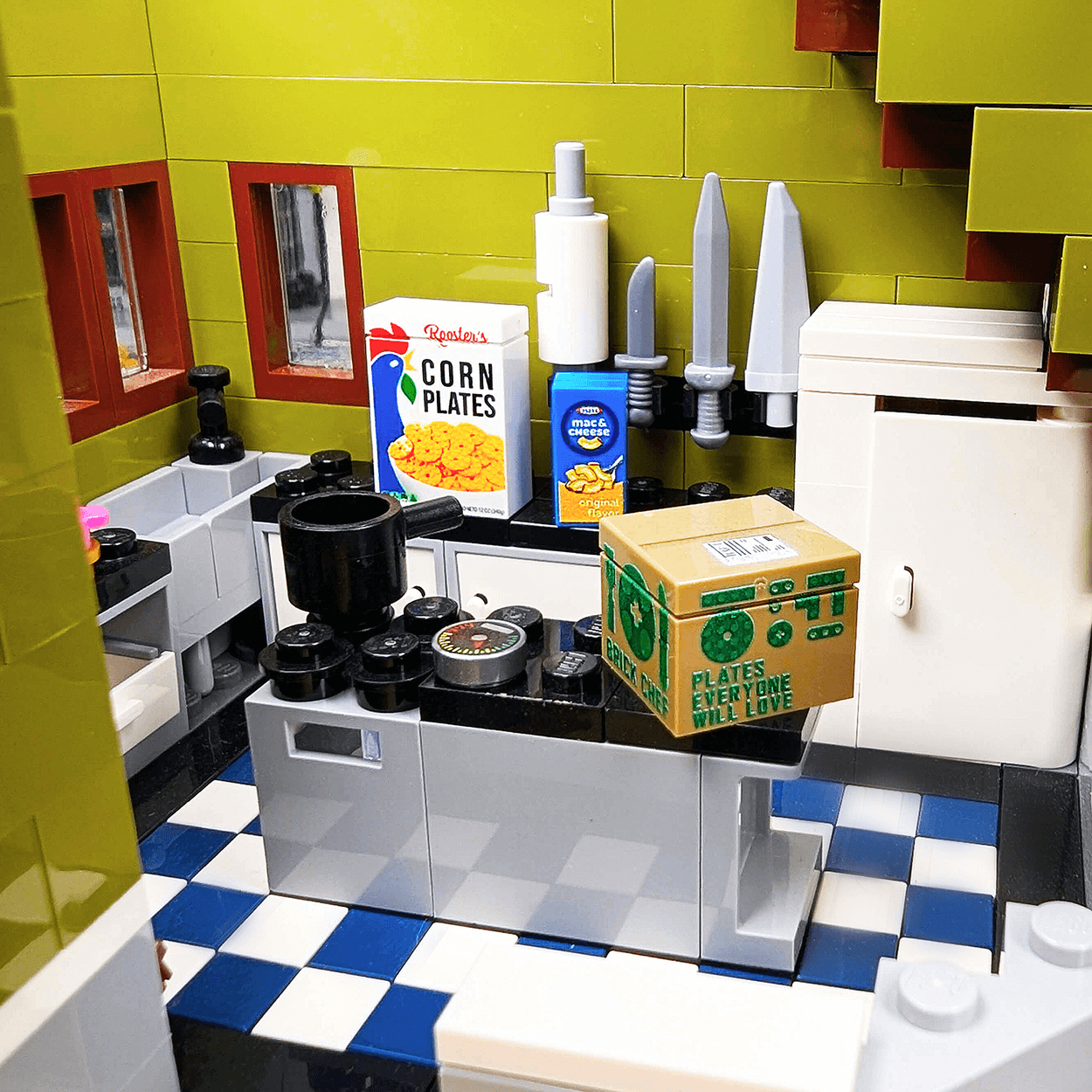 LEGO kitchen set with various items including a box of corn flakes.