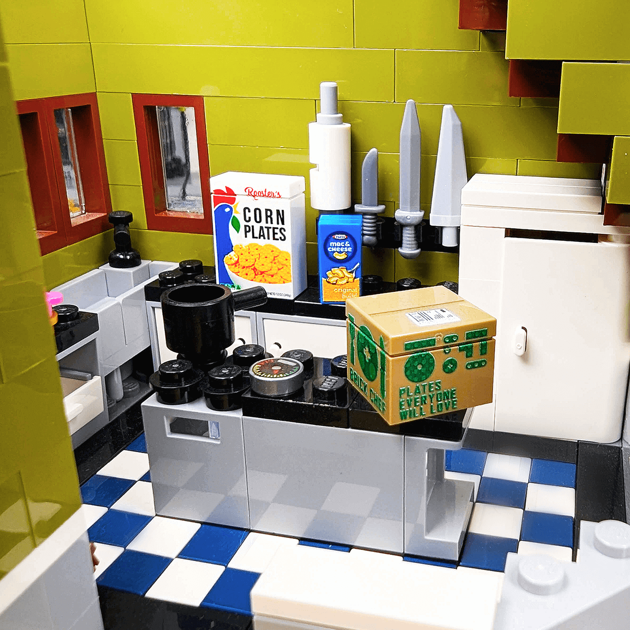 LEGO kitchen set with various items including a box of corn flakes.
