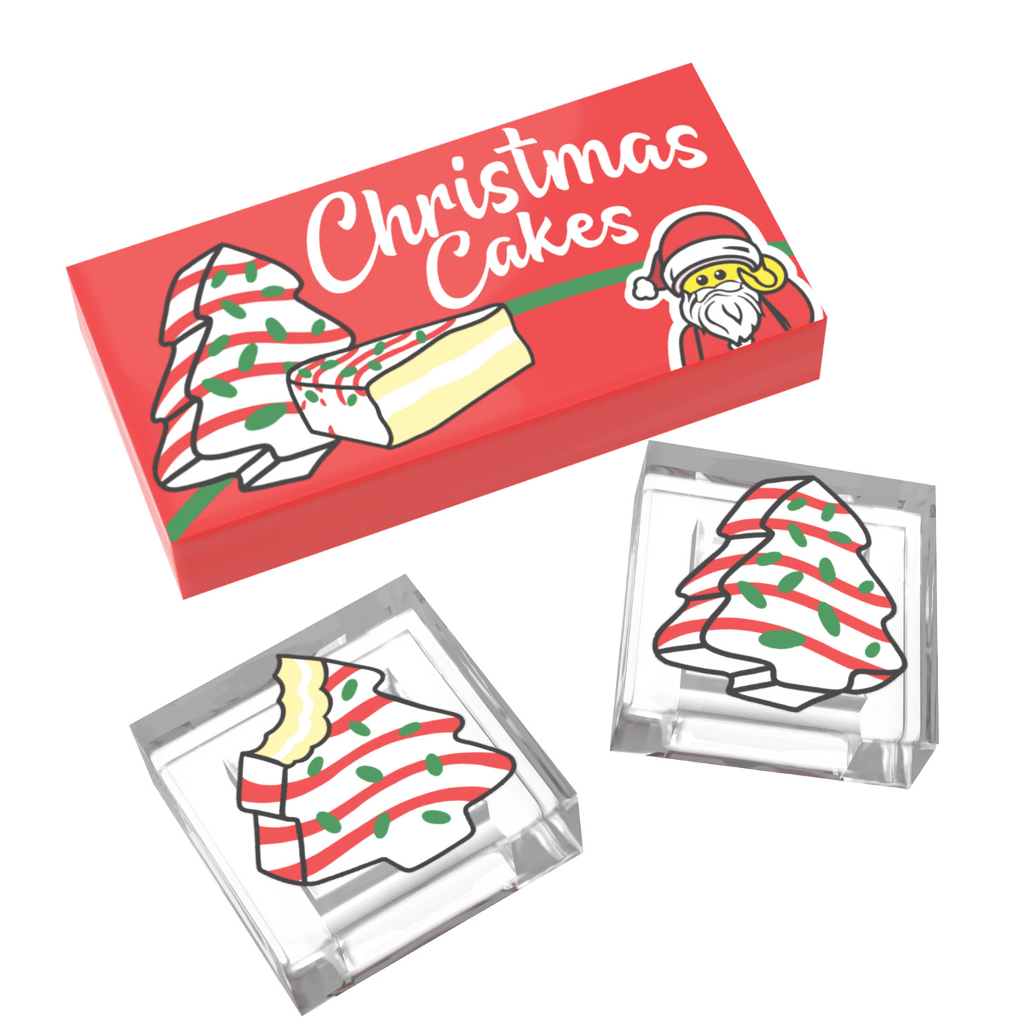 Custom Printed LEGO Parts,  Red box labeled 'Christmas Cakes' with cake slices shaped like Christmas trees on a black background.