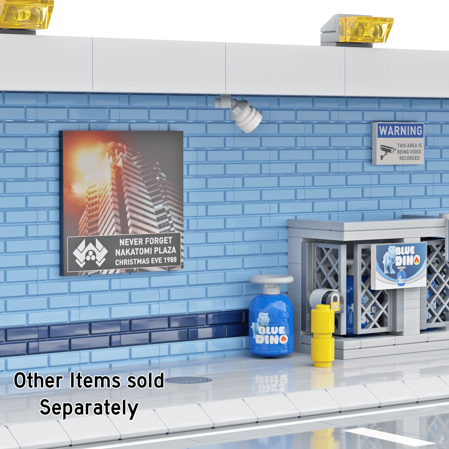 Brick built gas station setting with a Movie poster displayed on a  LEGO blue masory wall "Never Forget Nakatomi Plaza"with car parking.