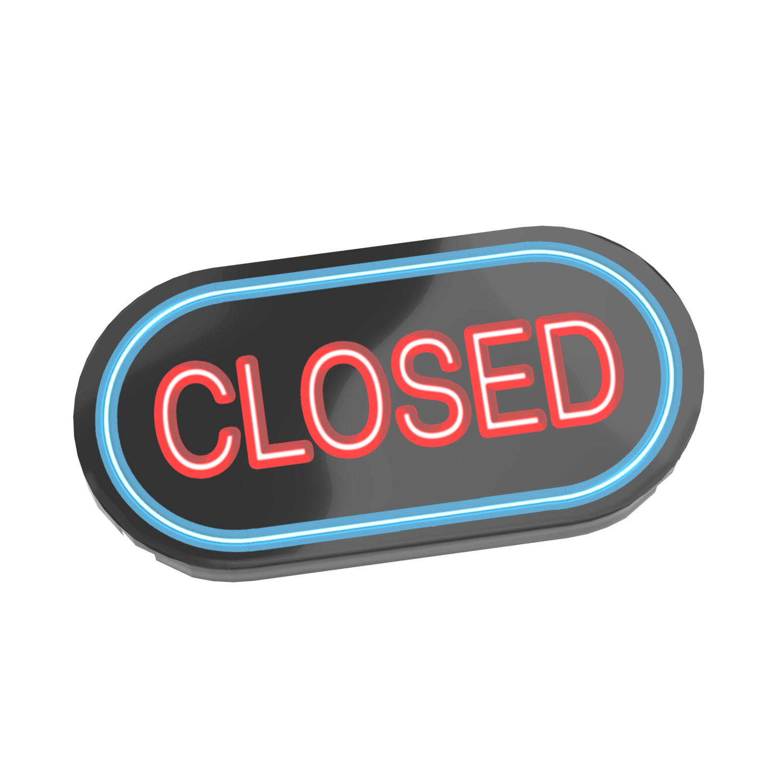 custom printed black neon sign with a blue neon ring and "closed" in red in the center on a white background