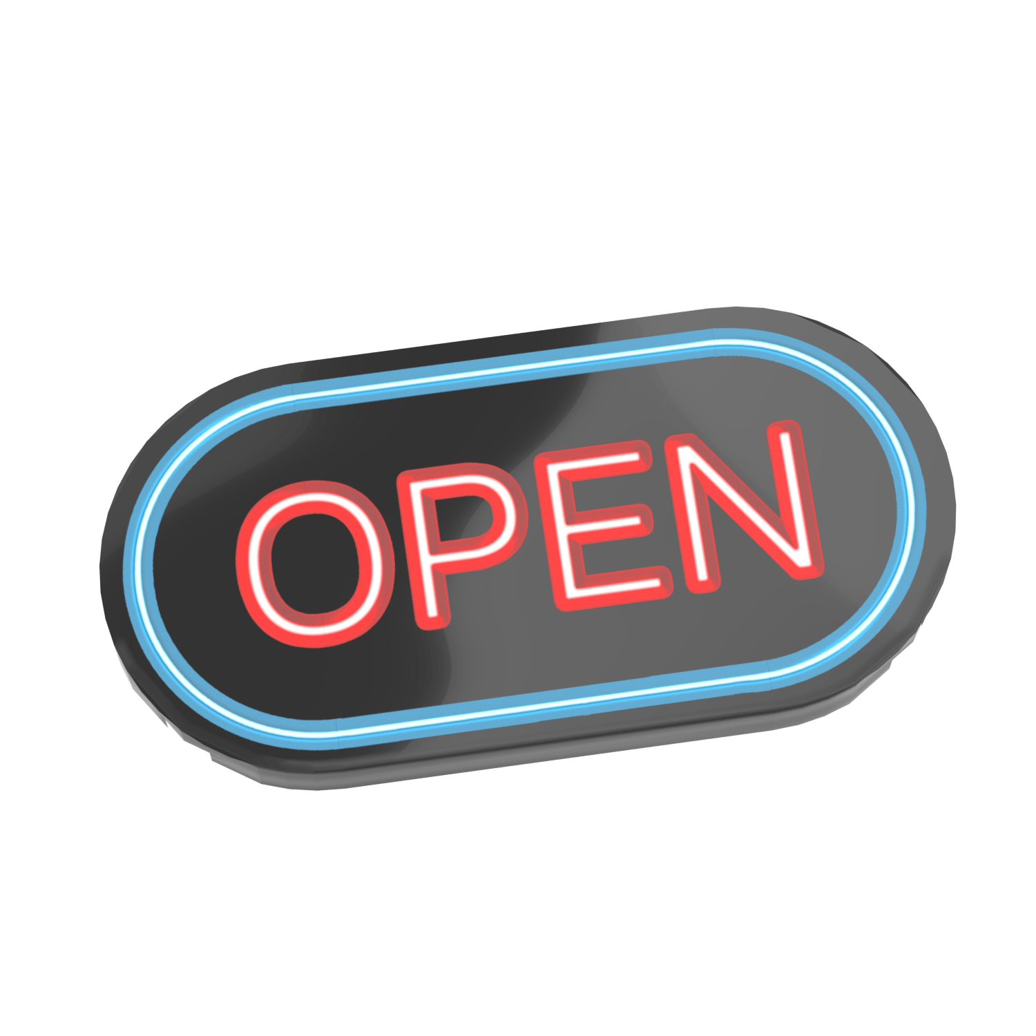 custom printed black neon sign with a blue neon ring and "open" in red in the center on a white background