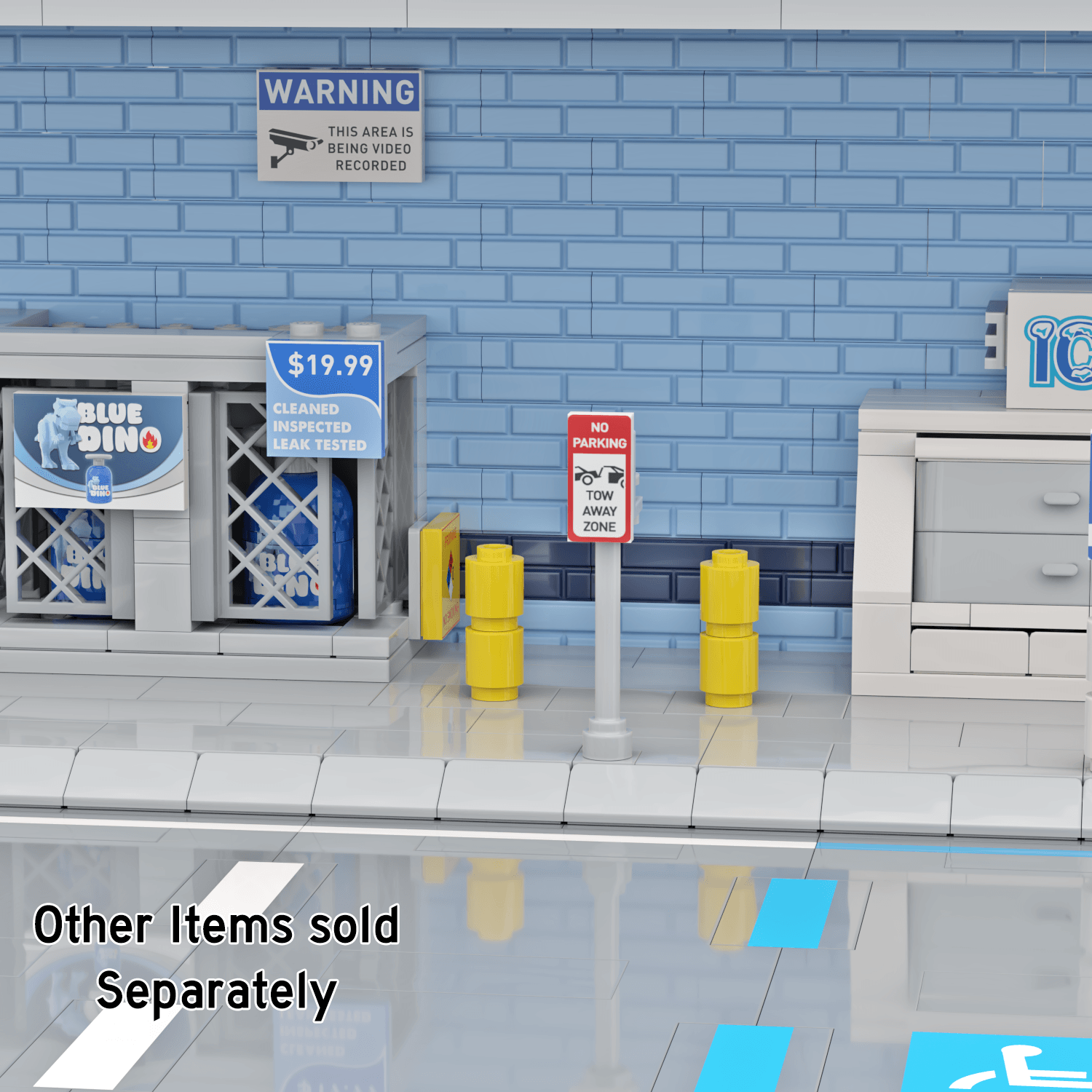 LEGO city like "No Parking" sign in a gas station type setting with grey parking and a blue wall int eh background.