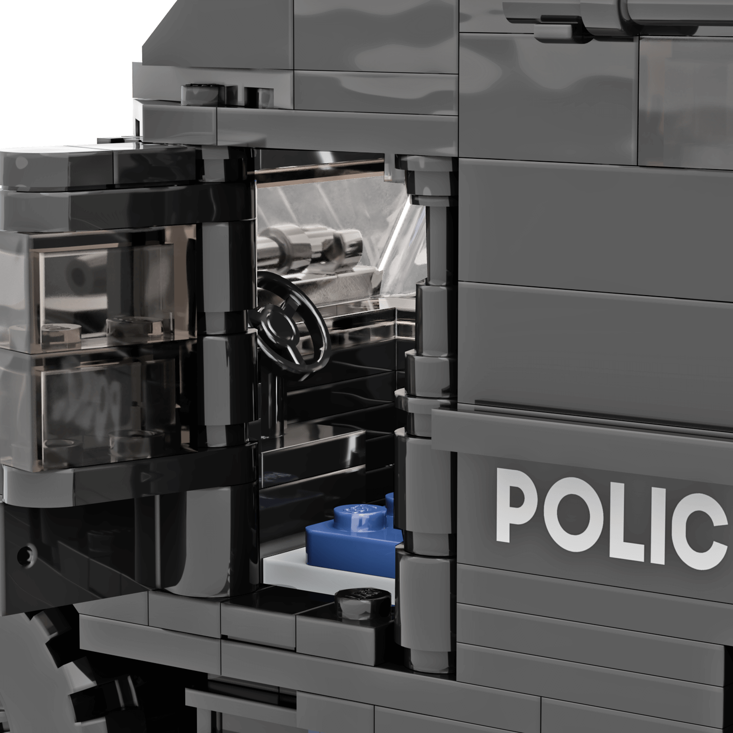 Close-up of a police armored  S.W.A.T. vehicle model with open door revealing interior details.