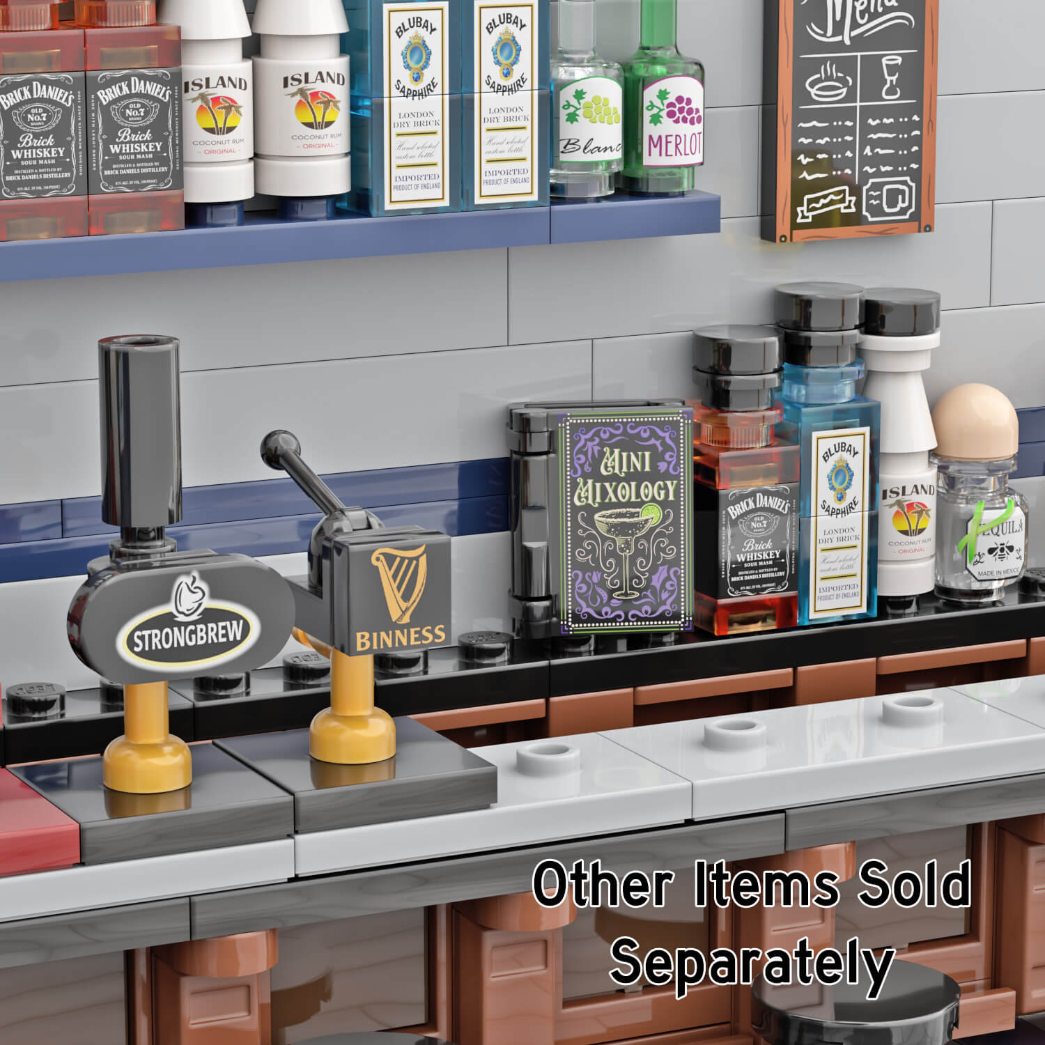LEGO bar scene with a red and white Yuengling Lager tap handle, a black and gold Guinness tap fixture, a small black menu sign, and several branded bottle figures lined up behind a white and gray counter.