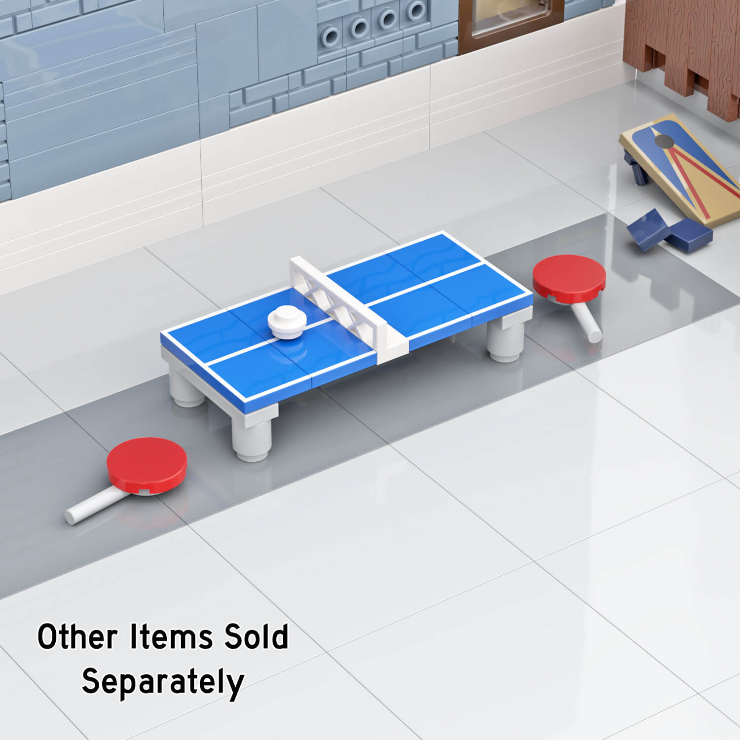 Custom LEGO Table Tennis Ping Pong table with red paddles in a LEGO backyard setting with a corn hole game in the background.