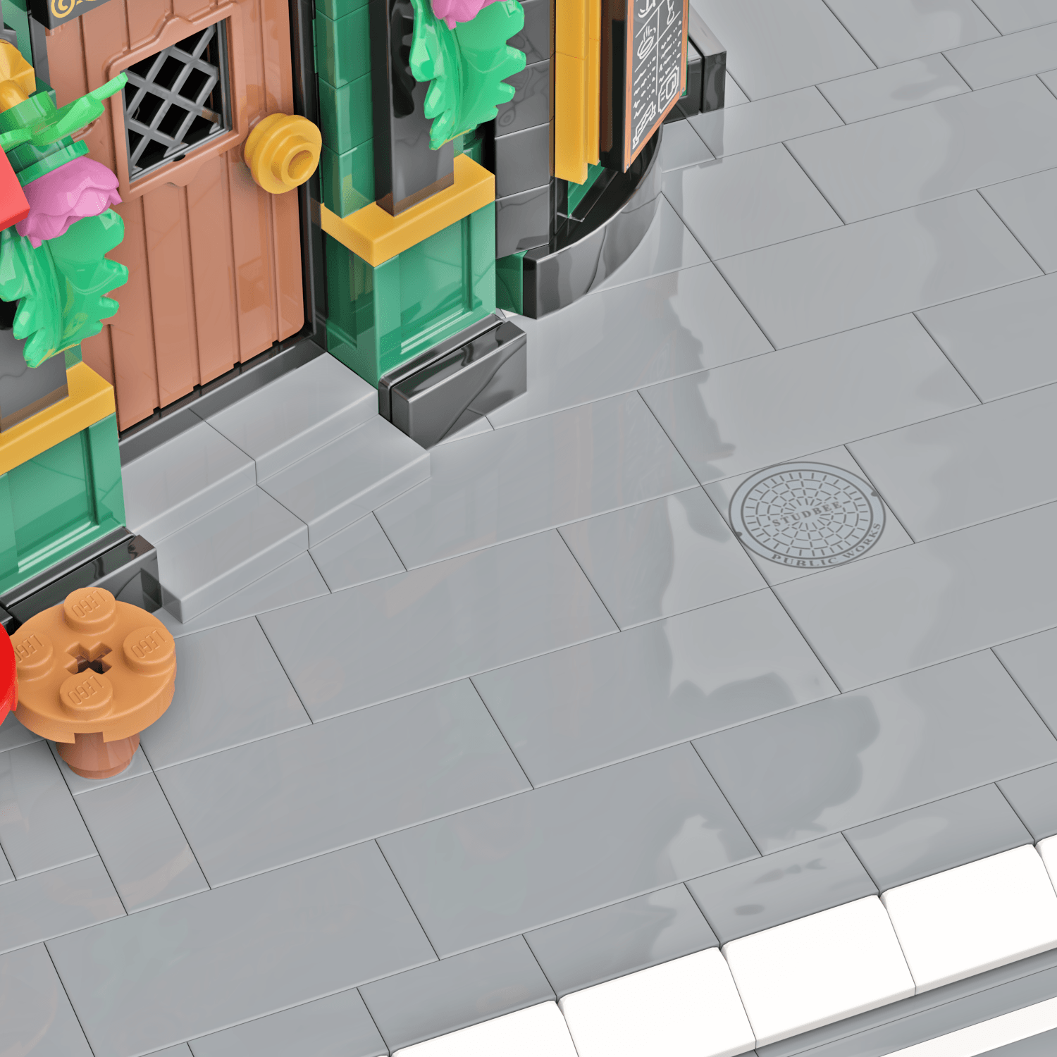 Printed Manhole Cover On LEGO tile in a LEGO city sidewalk with telegraph pole and building in the background