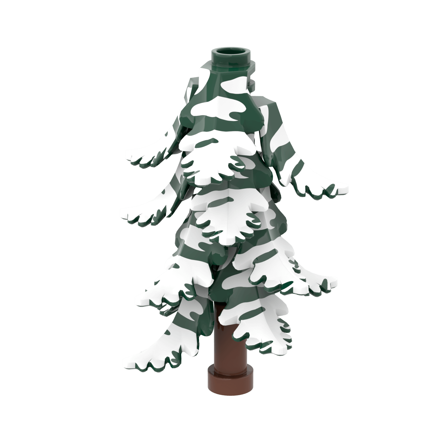 lego tree of a snow-covered tree with dark green branches on a black background