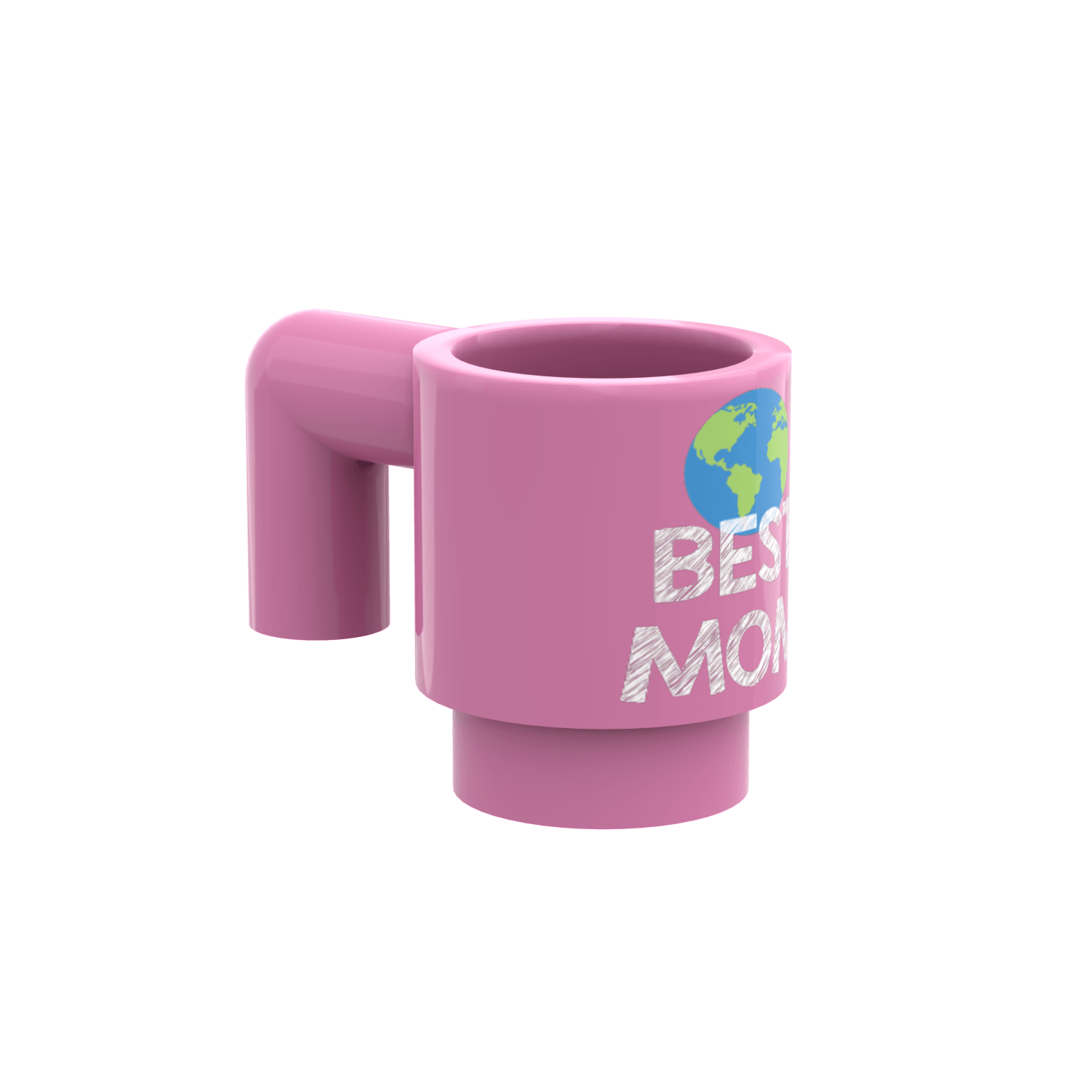 Side view showing the handle of a dark pink LEGO cup with a drawing of earth and text that read "BEST MOM" custom printed on to the mug on a white background.