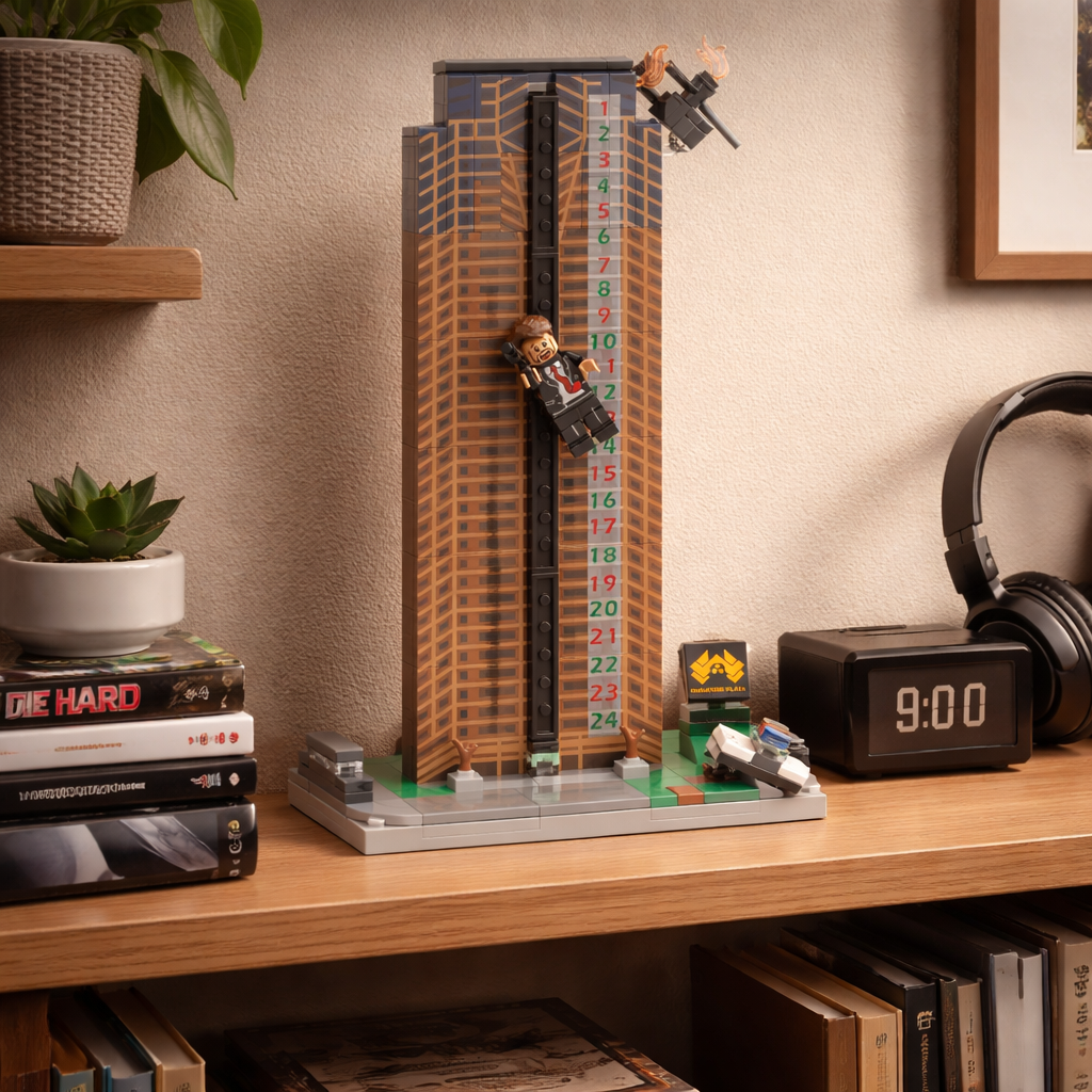 LEGO model of a high-rise buildingwith a character on top, placed on a shelf with books and a clock.
