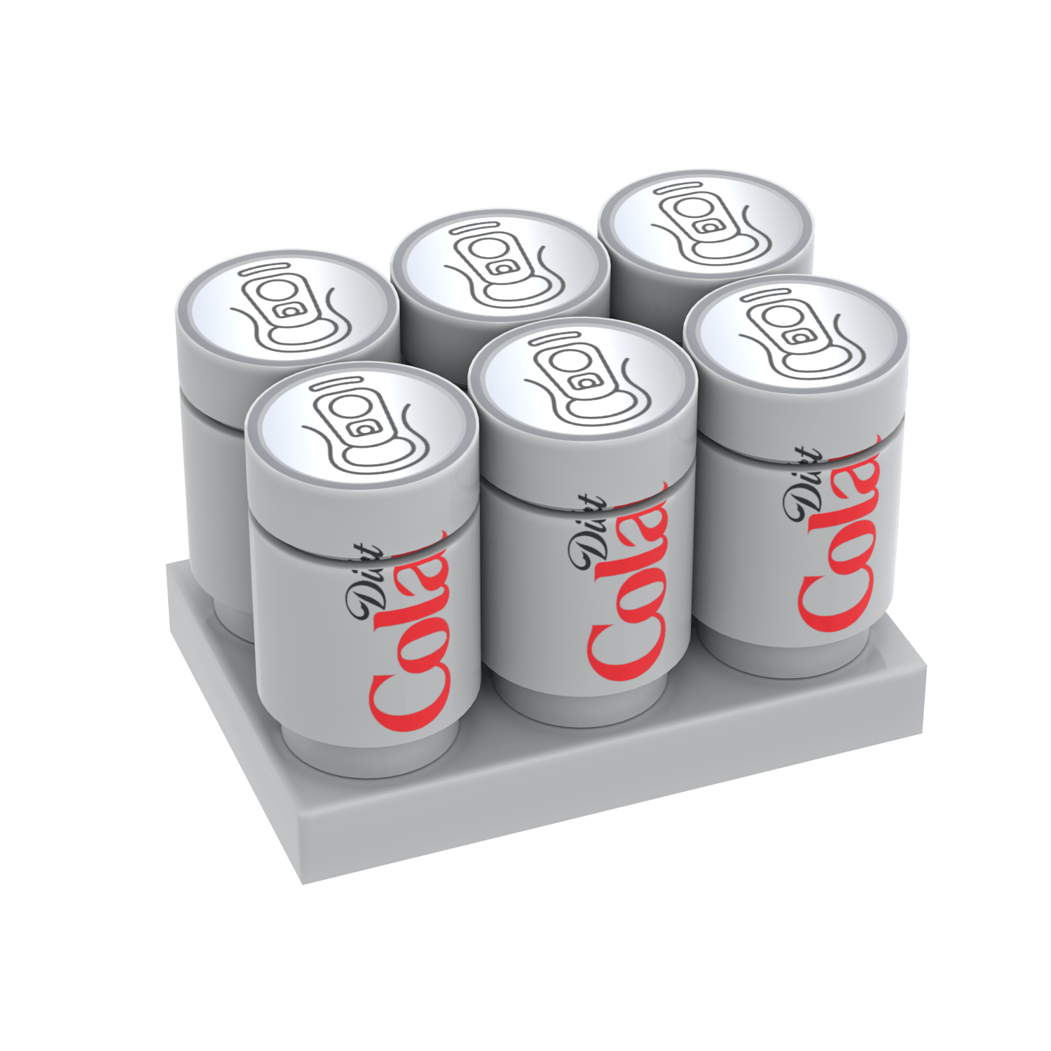 Six Diet Cola LEGO drink cans on a green LEGO plate on a white background