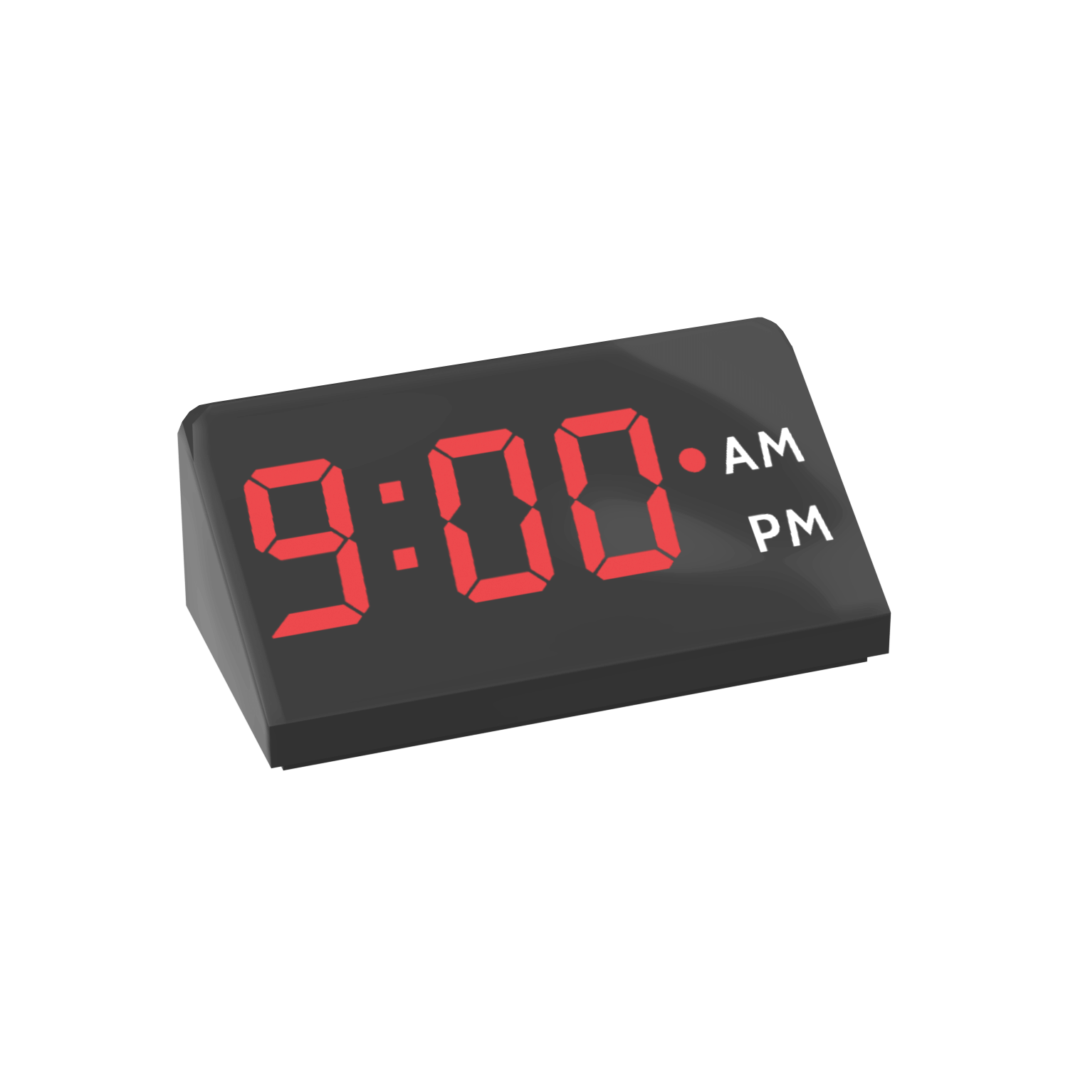A custom printed alarm clock on a 1x2 sloped LEGO tile displaying the time as 9:00 AM or PM.