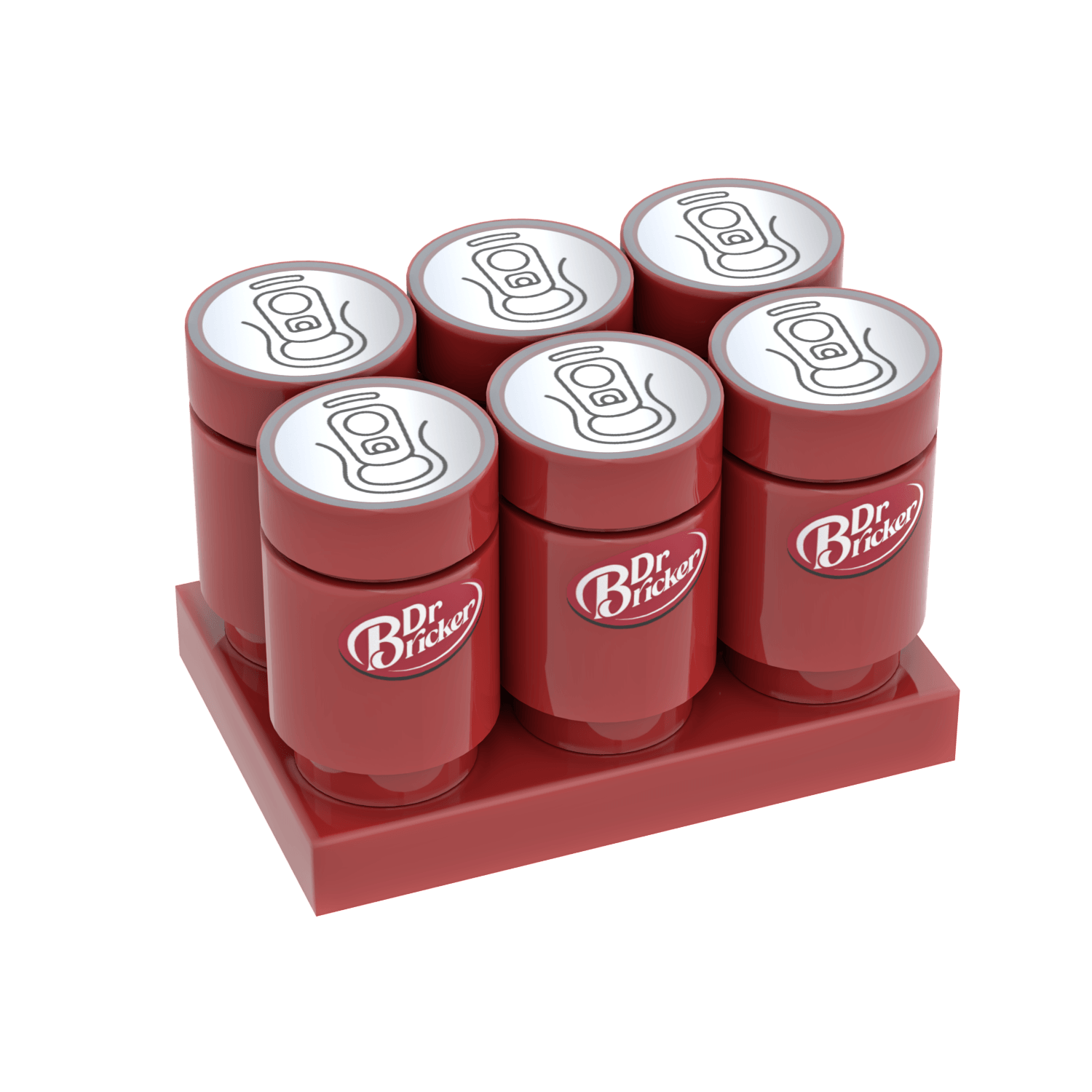 Six Dr Bricker LEGO drink cans on a dark red LEGO plate on a white background