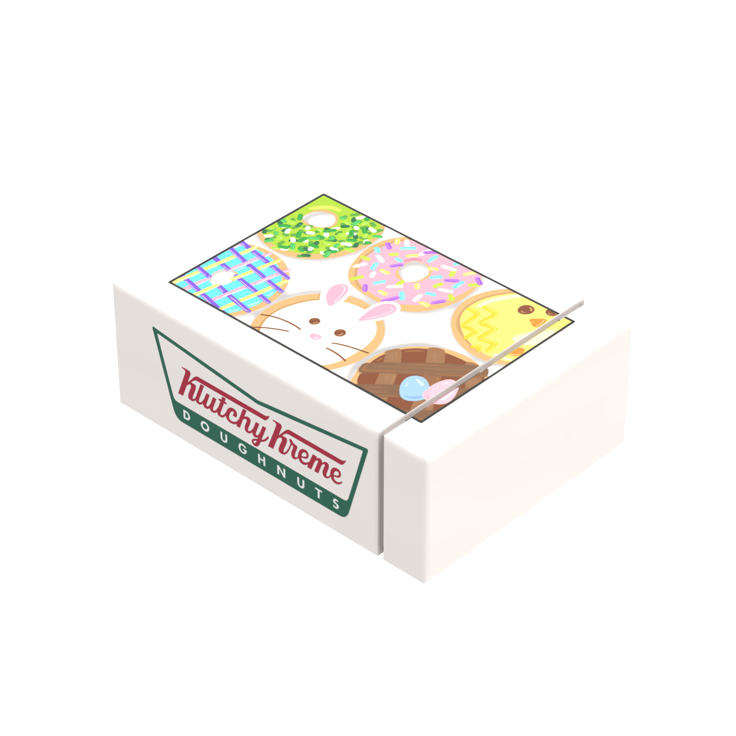 White box of Easter Donuts with Klutchy Kreme Doughnuts custom printed with colorful doughnut illustrations on a white background