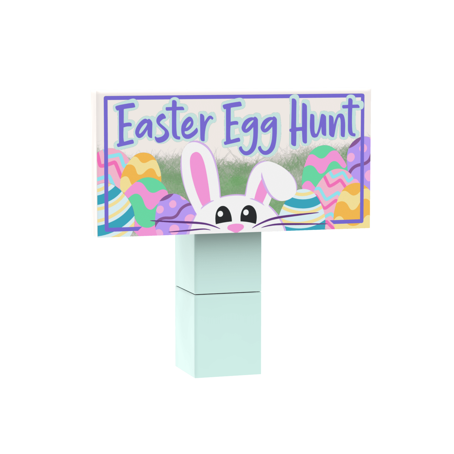 Decorative Easter-themed sign and post custom printed on LEGO® with a rabbit and eggs on a stand against a white background