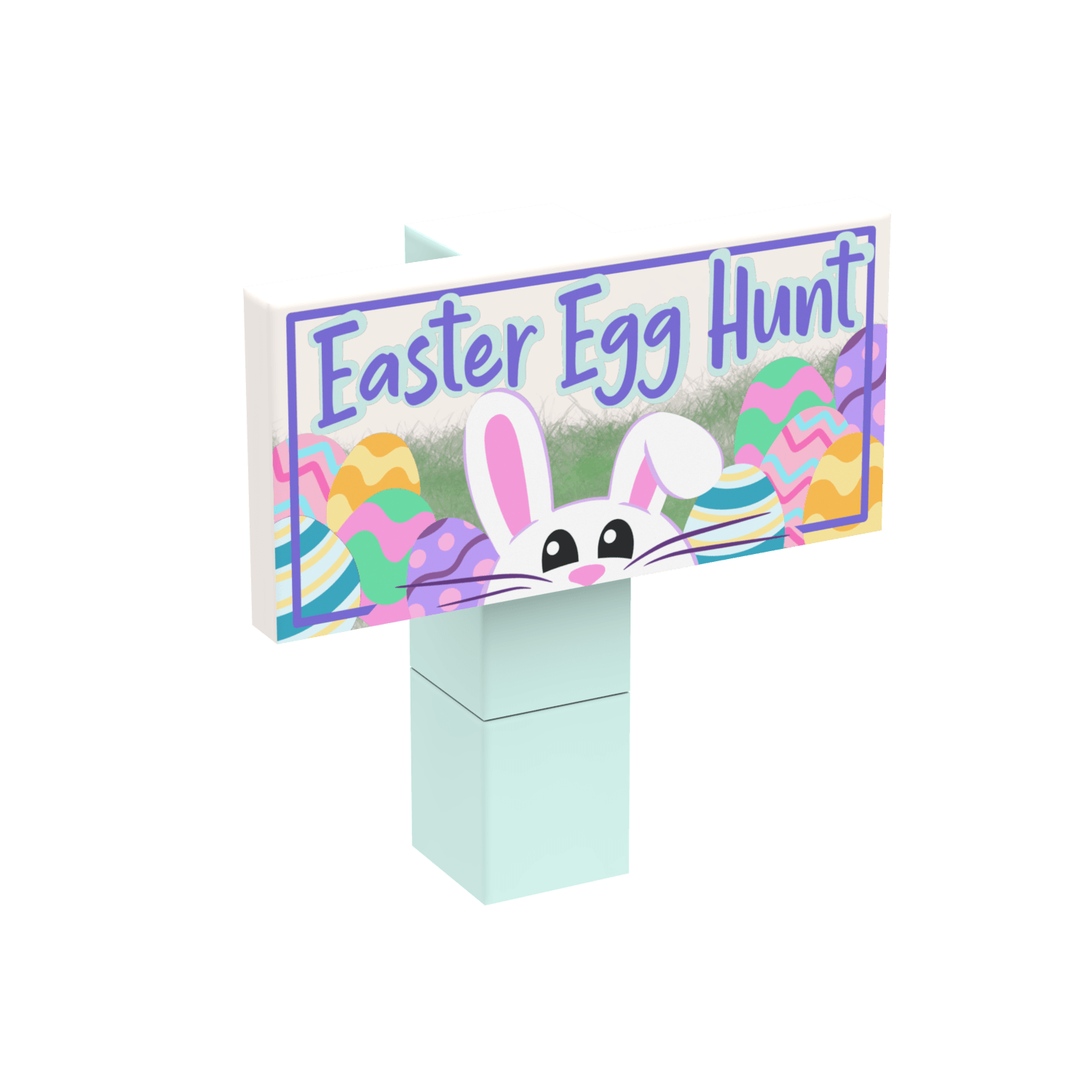 Easter-themed sign and post custom printed on LEGO® with a rabbit and eggs on a stand against a white background