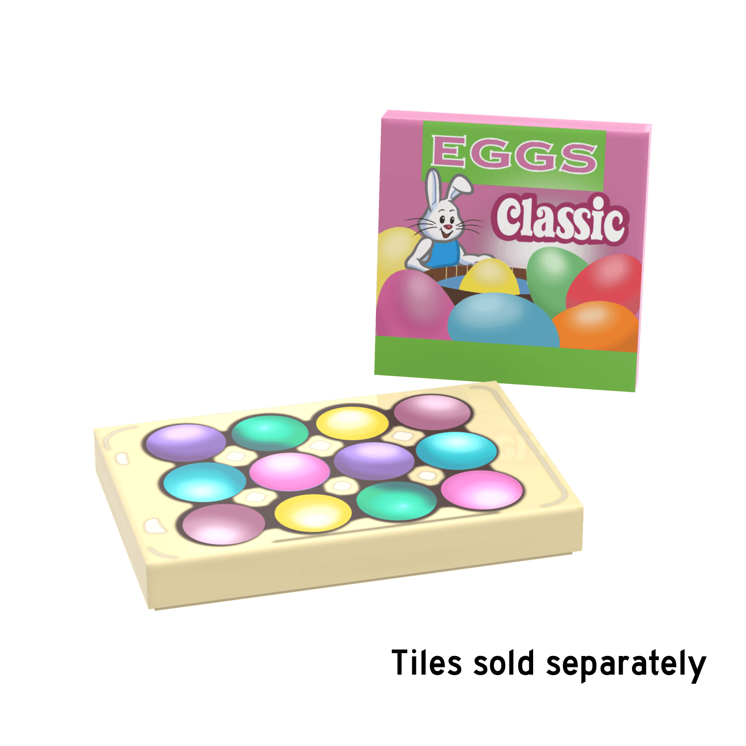 Colorful packaging of an Easter Egg Dye Kit  and an egg tray with dyed eggs custom printed with a cartoon rabbit and Easter eggs on a LEGO tile on a white background