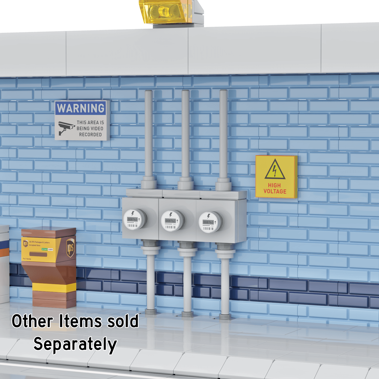3 electric meters up against a blue LEGO wall with a yellow "high voltage" sign and UPS drop off box in a LEGO gas station setting
