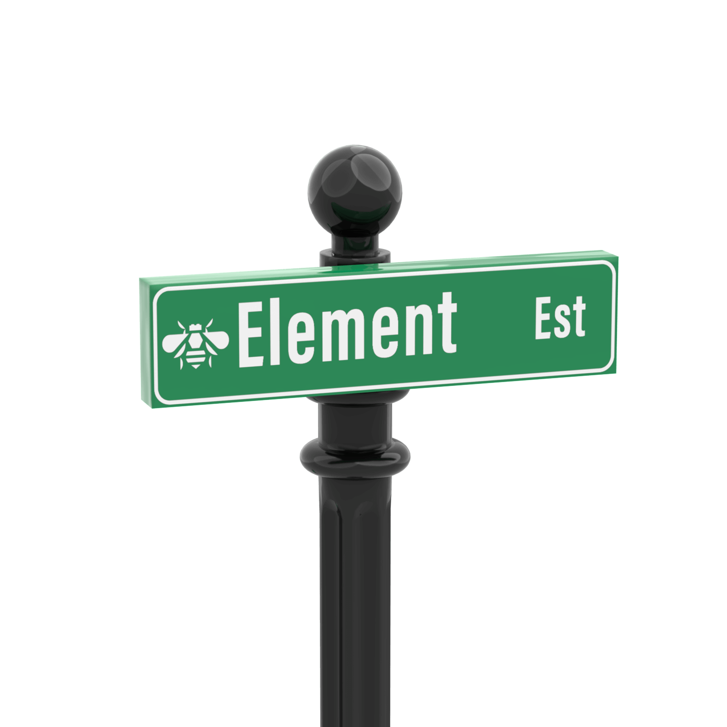 Green LEGO street sign with "Element Est" printed on it with a black post on a white background.