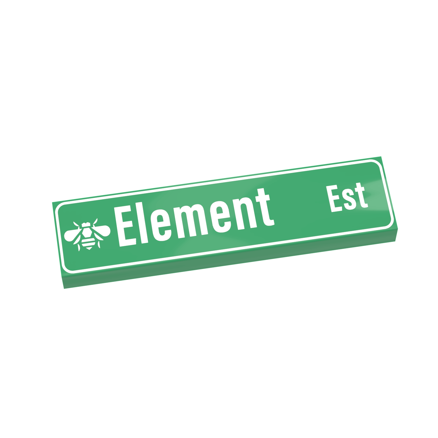 Green LEGO street sign with "Element Est" printed on it on a white background.