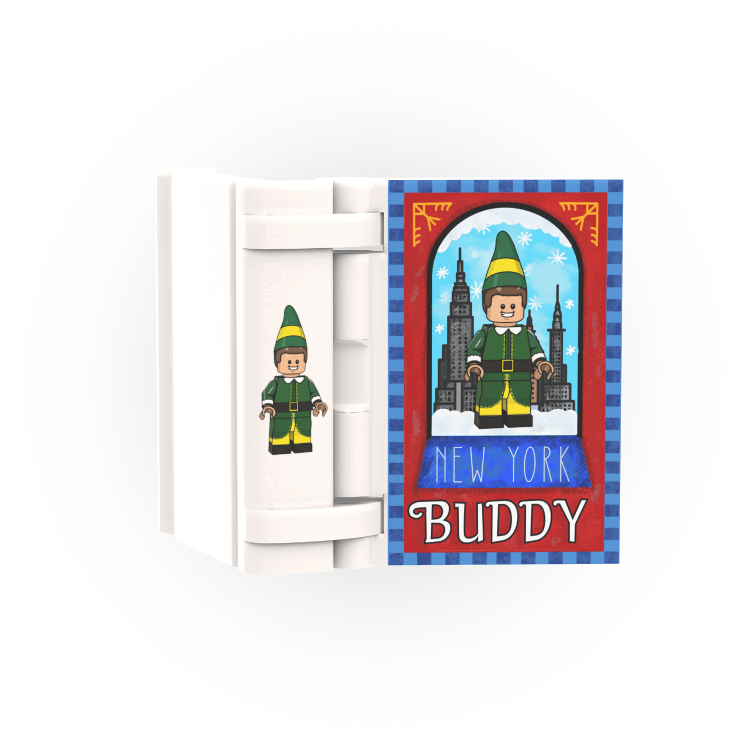 Custom Lego book with a christmas elf character in a green elf costume and 'New York Buddy' text on a white background.