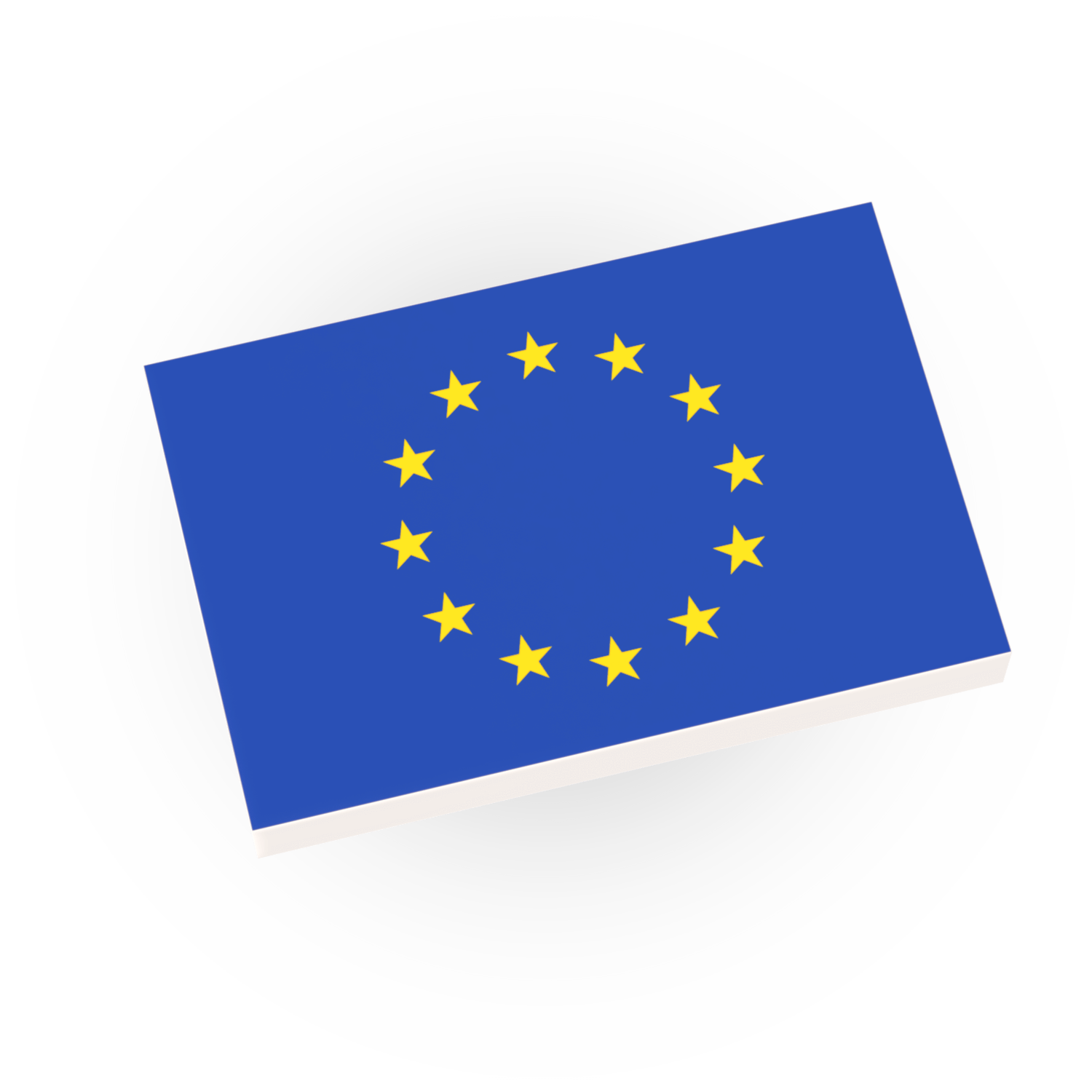 A custom printed European Union flag on a white Lego 2x3 tile with a visible blue background and yellow stars.