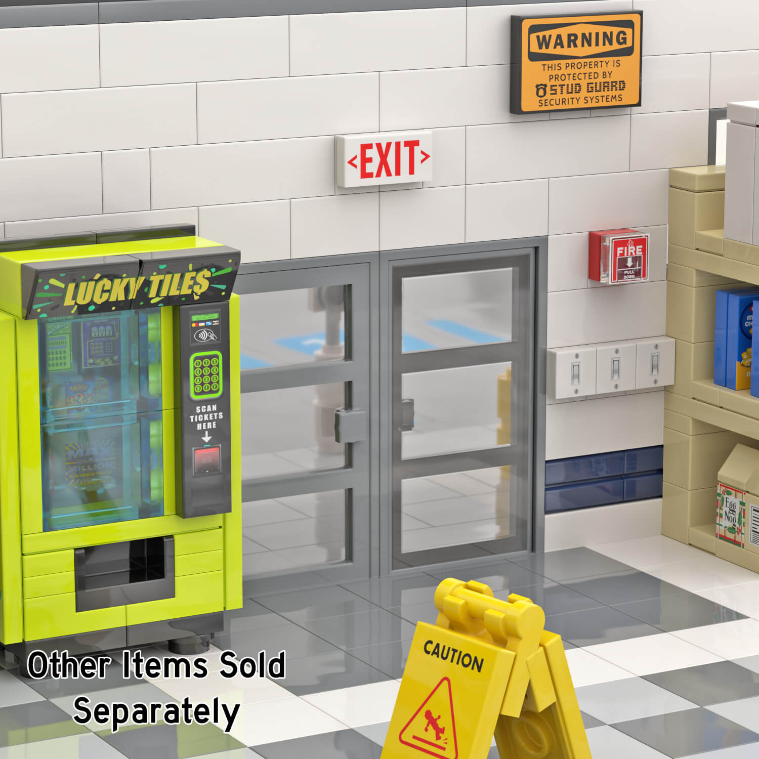 Exit sign above double doors with fire pull and light switches and a vending machine labeled 'Lucky Tiles' with a tiled floor all in a Lego brick built scene.
