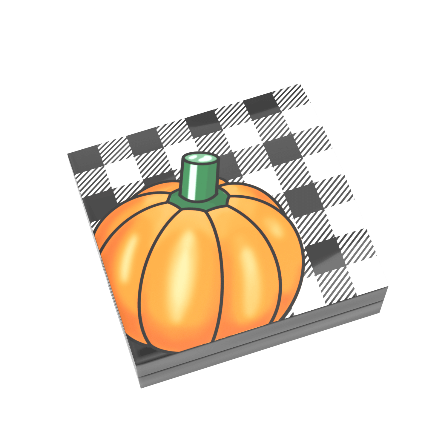 Black curved tile with black and white buffalo plaid printing and a lego pumpkin