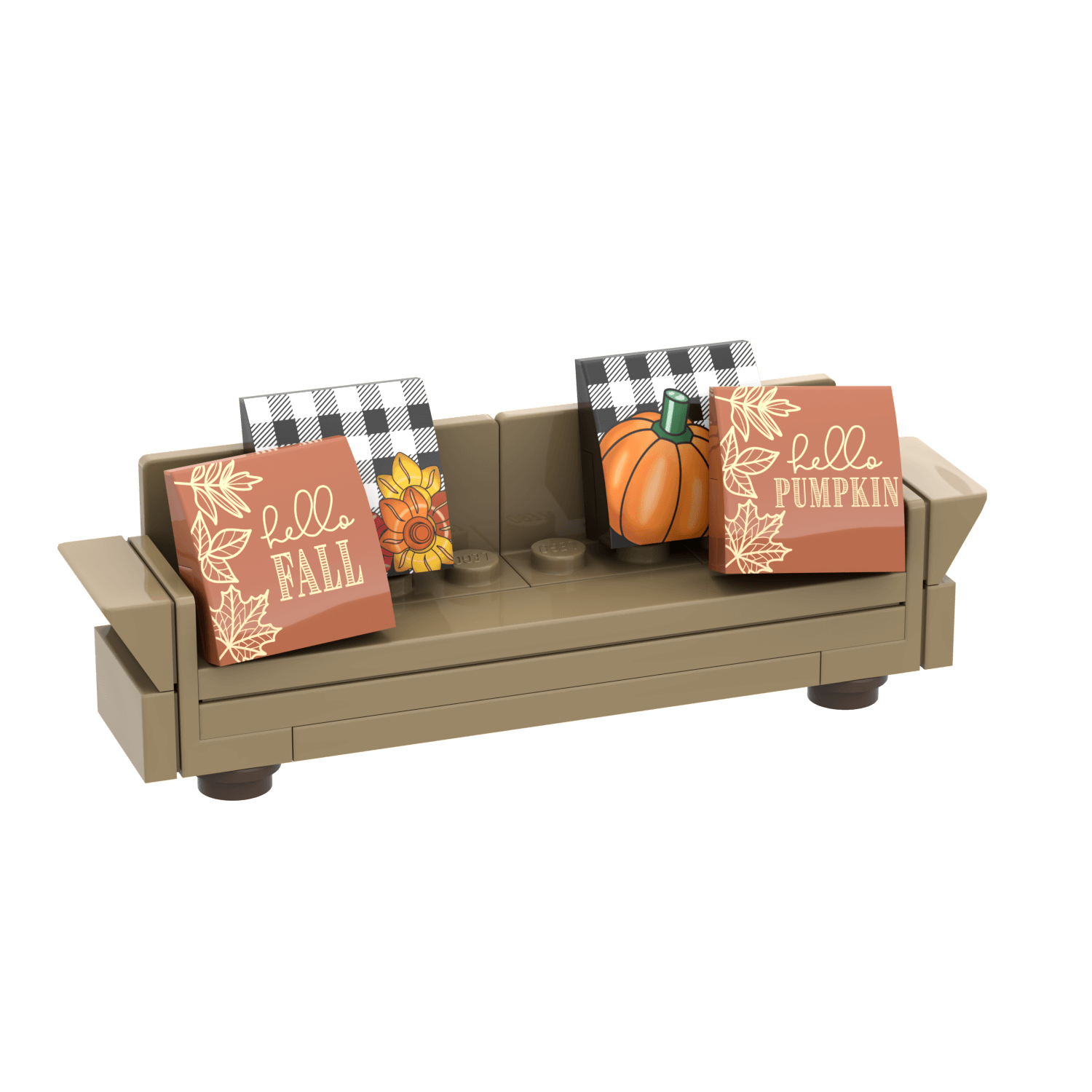 Tan LEGO couch with custom fall pillows made from LEGO