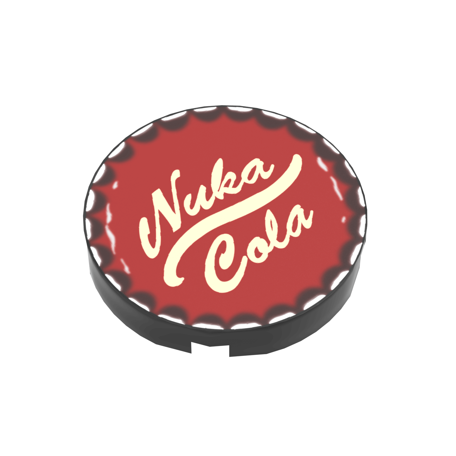 Custom printed 2x2 LEGO tile with a Nuka Cola bottle cap emblem from the Fallout series.